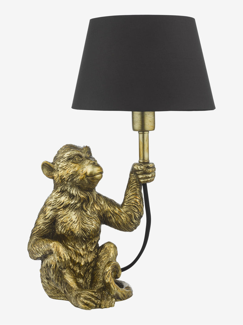 Dar Lighting Gold Zira table lamp, monkey figure, black shade, UK version