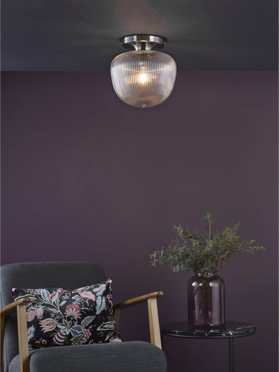 Next Dar Lighting Abrielle Brushed Nickel Ribbed Glass Flush Ceiling Light 28cm x 25cm- Buy online at McGrocer