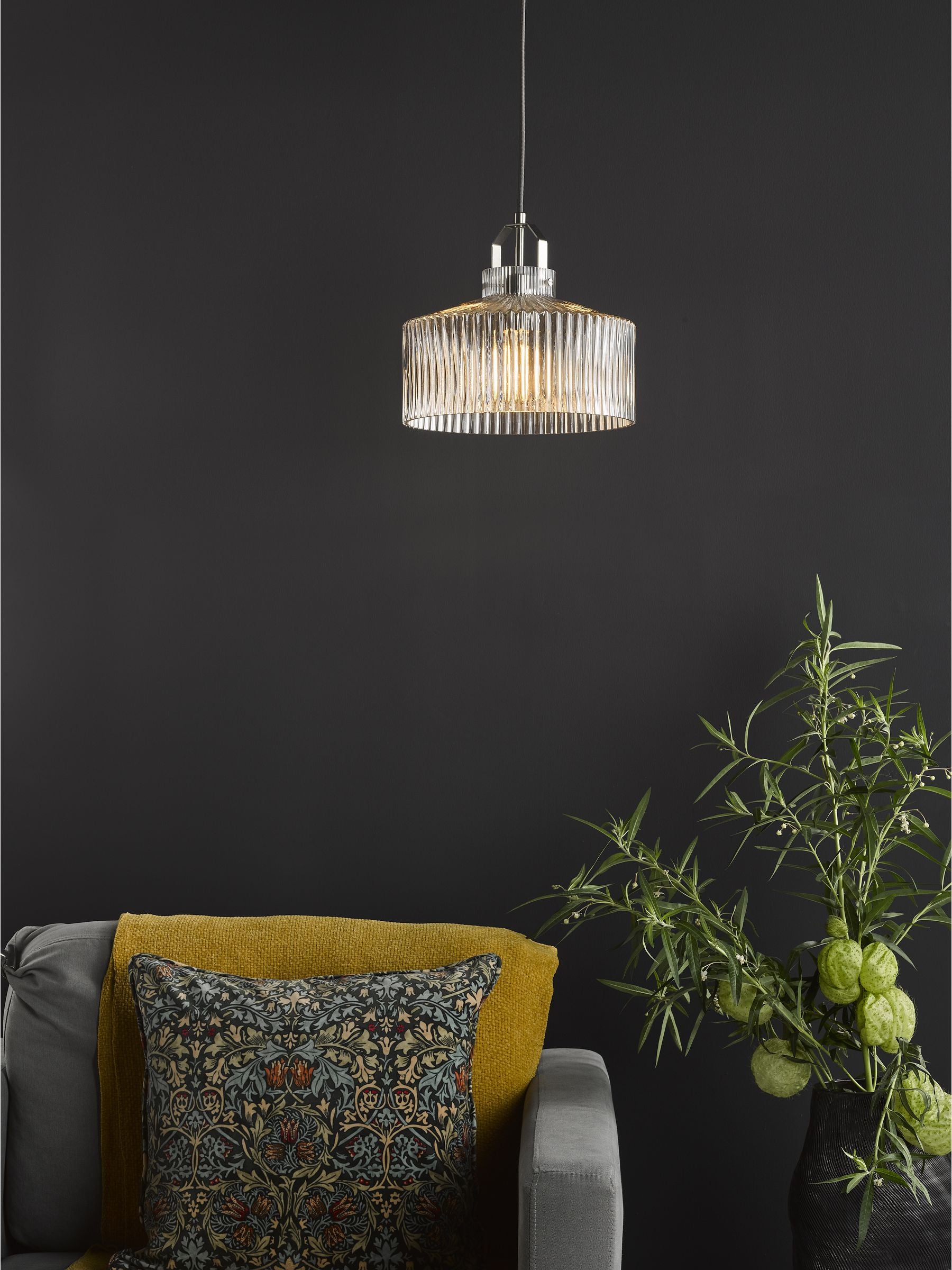 Dar Lighting pendant ceiling light satin nickel ribbed glass 26cm (British brand)