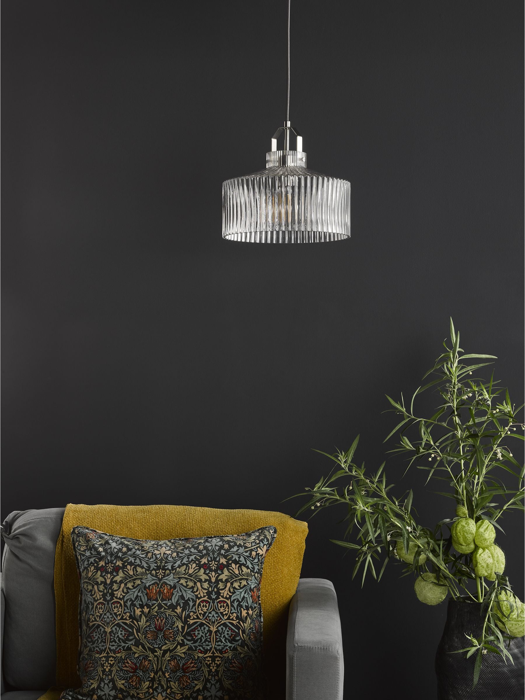 Dar Lighting pendant ceiling light satin nickel ribbed glass 26cm (British brand)