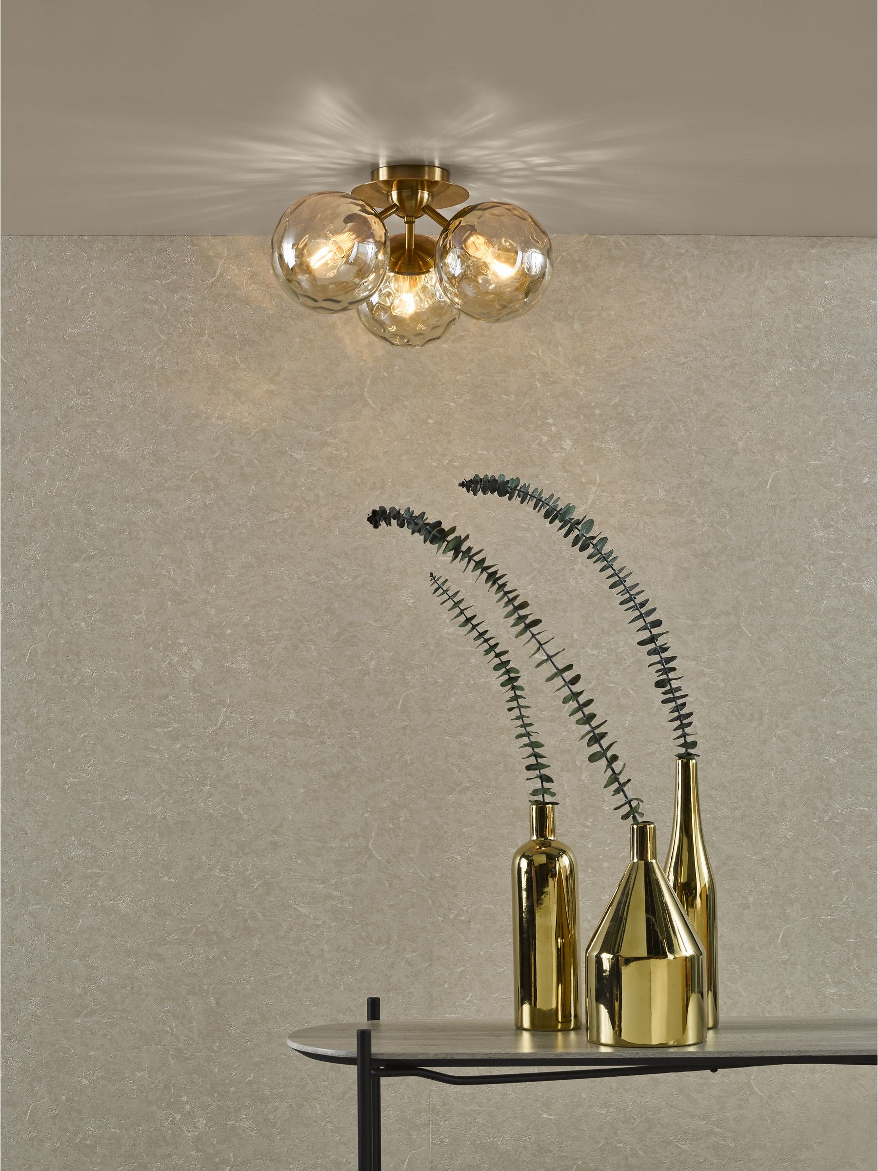 Dar Lighting Ulrika flush ceiling light antique bronze amber glass UK version