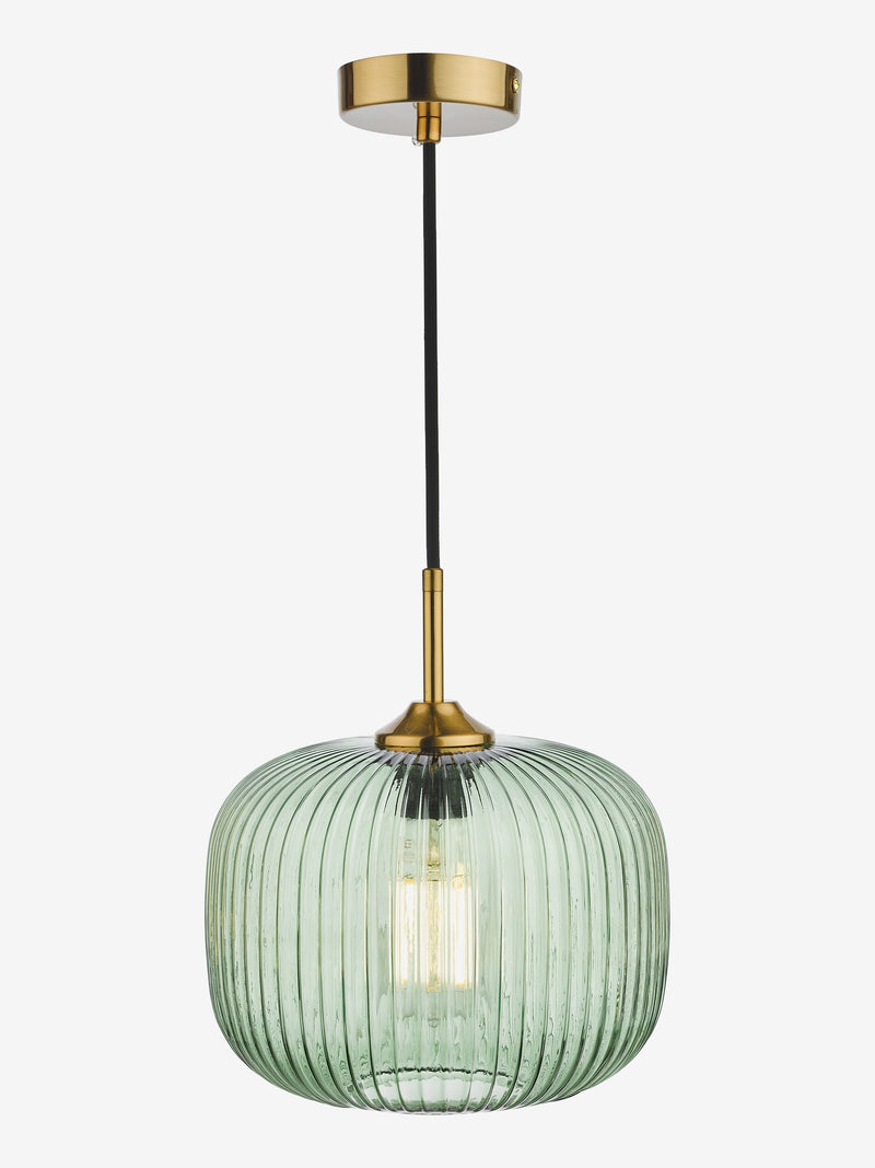 Dar green ribbed glass bronze pendant ceiling light, imported from the UK