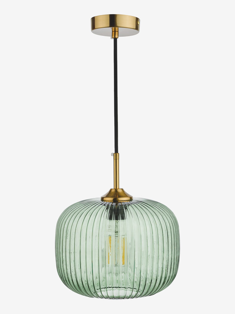 Dar green ribbed glass bronze pendant ceiling light, imported from the UK