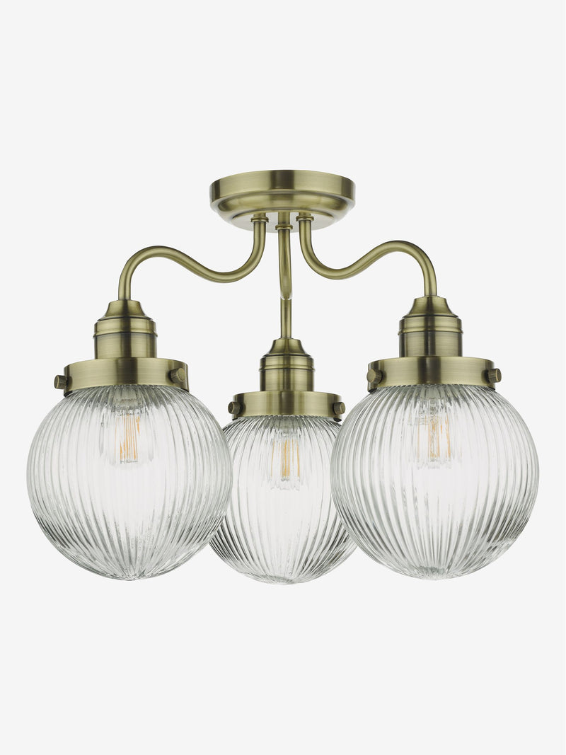 Dar Lighting Tamara antique brass ribbed glass ceiling light, UK version