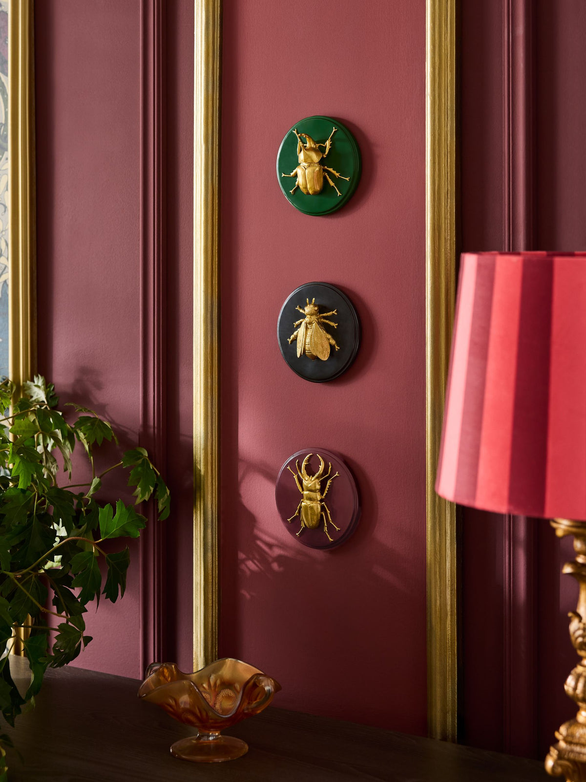 Laurence Llewelyn-Bowen 3-piece burgundy green black insect wall plaques, UK version