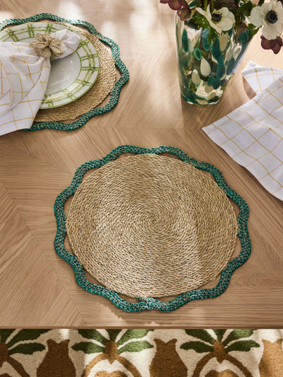 Ensemble de 2 sets de table tissés en seagrass bleu sarcelle Nina Campbell, diamètre 38 cm