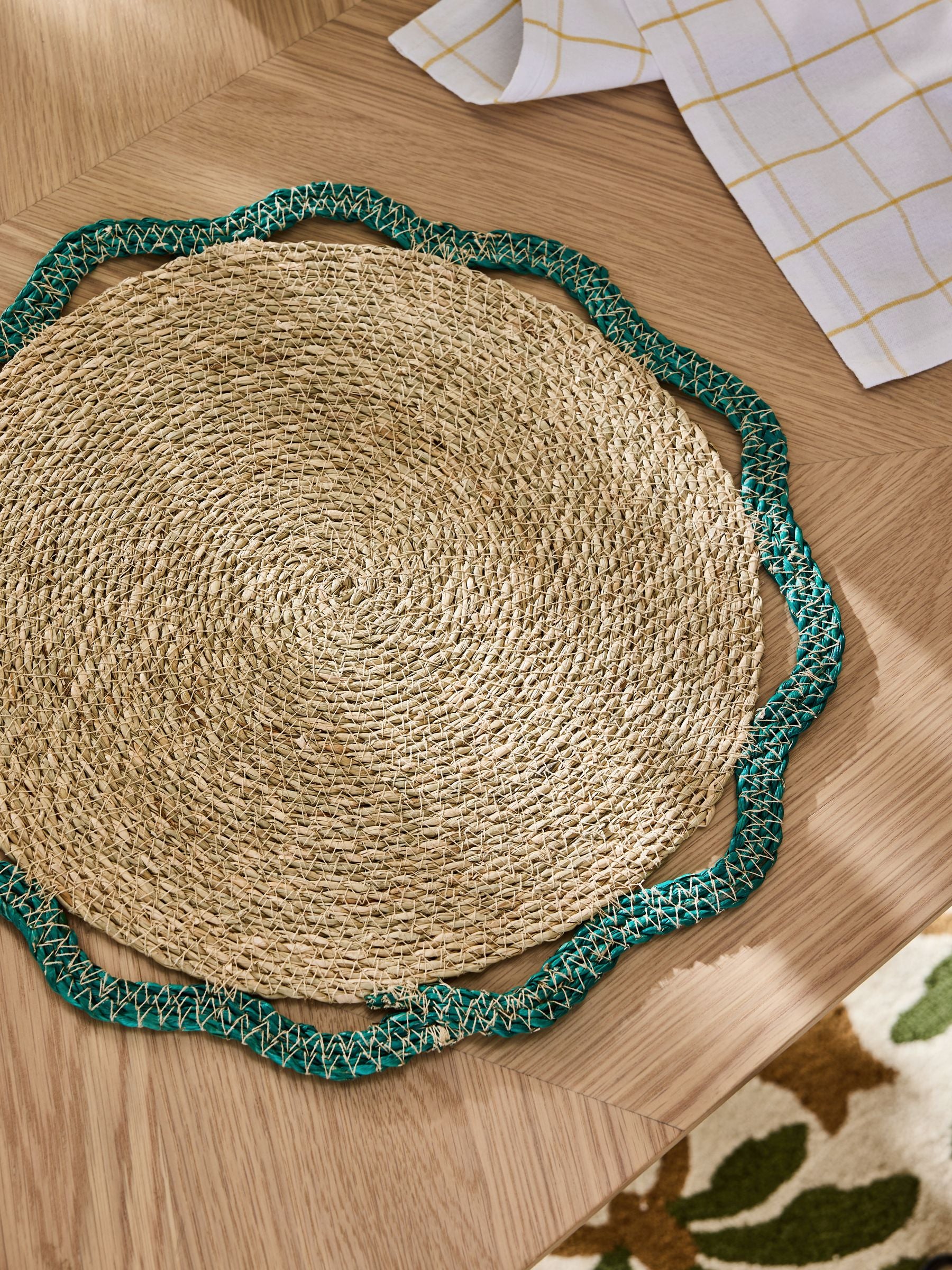 Nina Campbell teal blue woven seagrass placemats set of 2 38cm diameter, imported from the UK