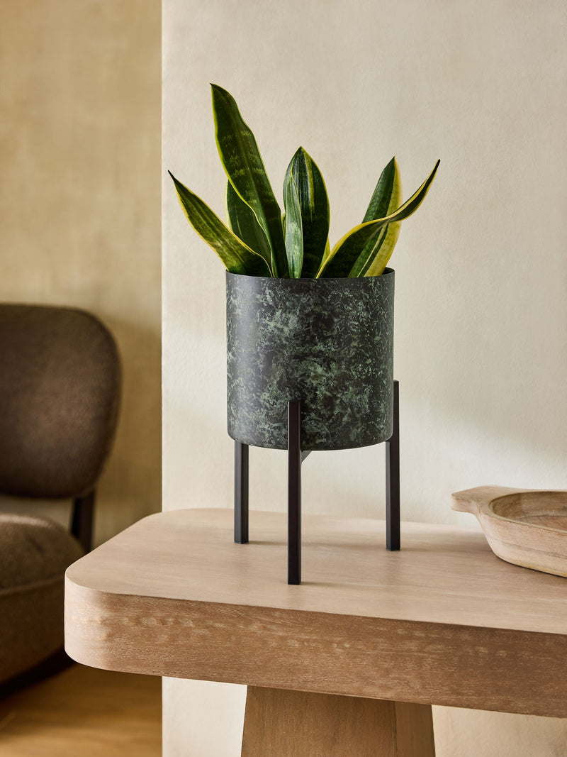 French Connection green/black patina medium metal stand plant pot - British product