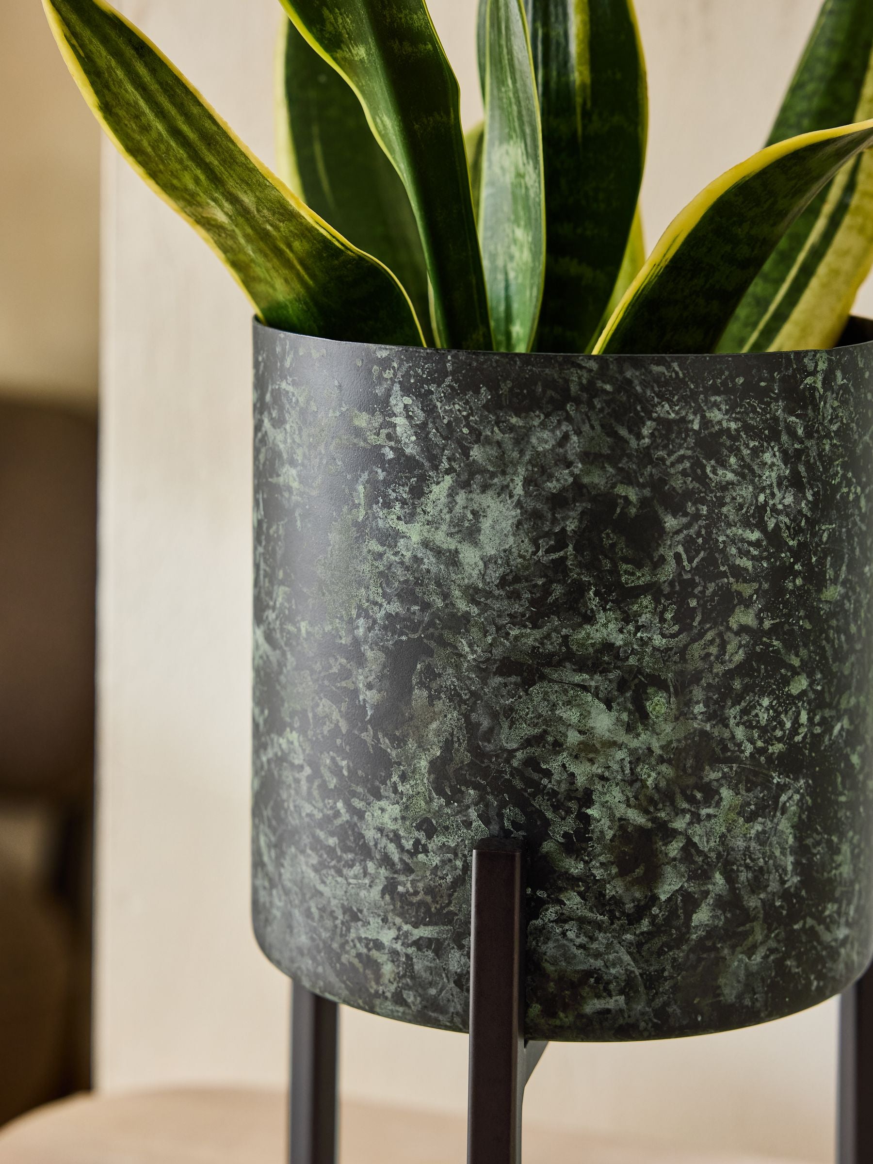 French Connection green/black patina medium metal stand plant pot - British product