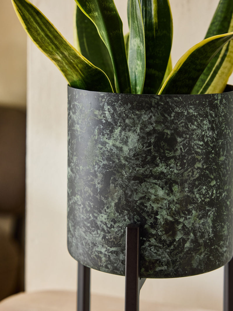 French Connection green/black patina medium metal stand plant pot - British product