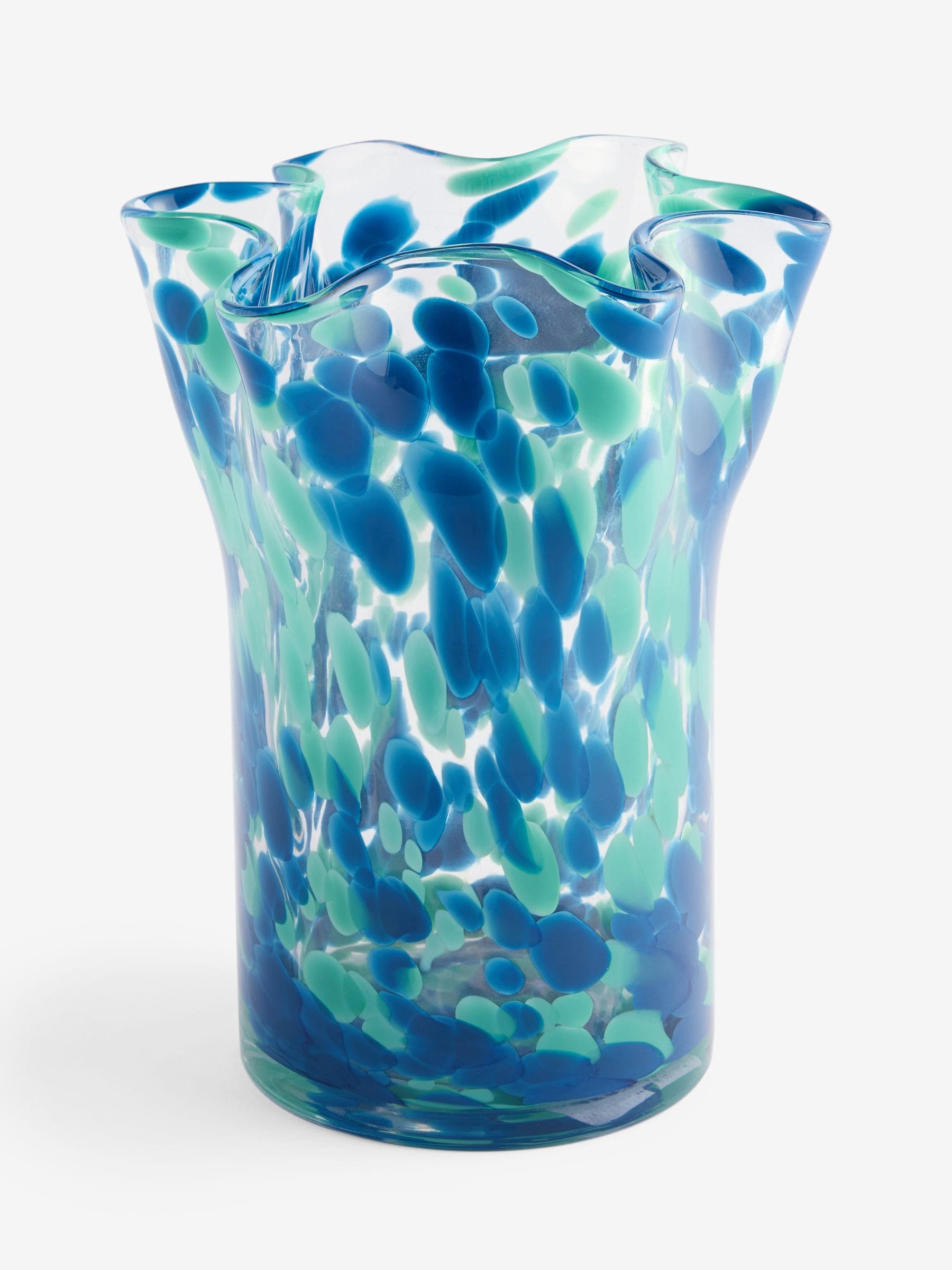 Nina Campbell teal blue fluted confetti glass vase, imported from the UK