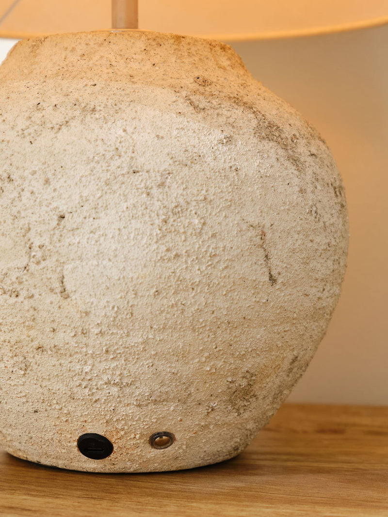 Grey Avebury rechargeable table lamp with fabric shade, imported from the UK