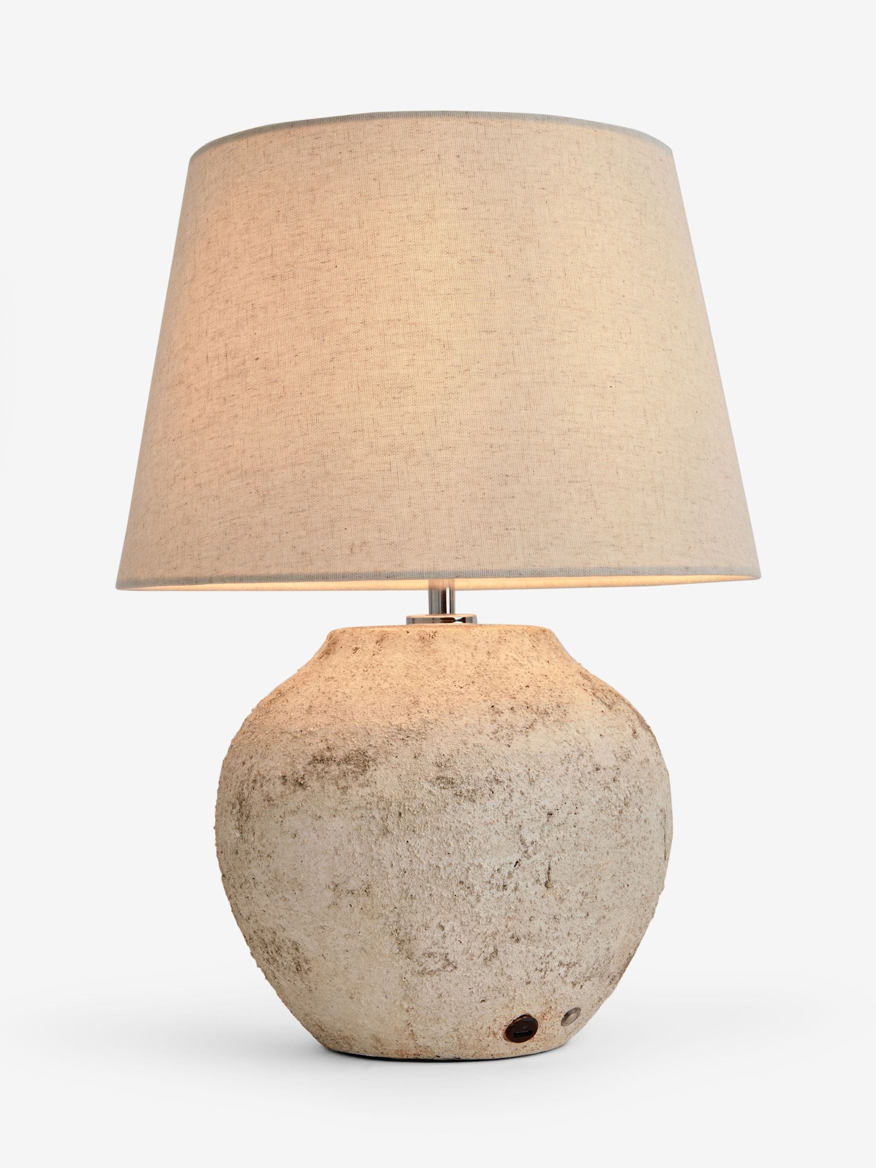 Grey Avebury rechargeable table lamp with fabric shade, imported from the UK