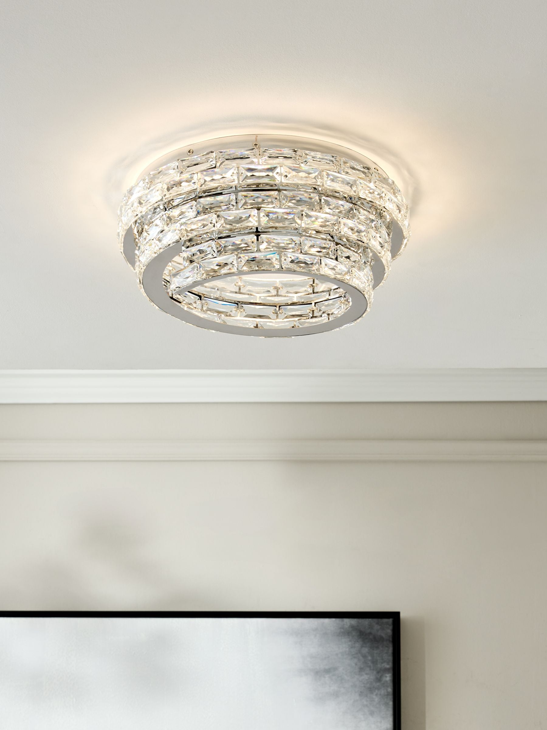 Chrome Monaco flush fitting ceiling light with crystals, UK version