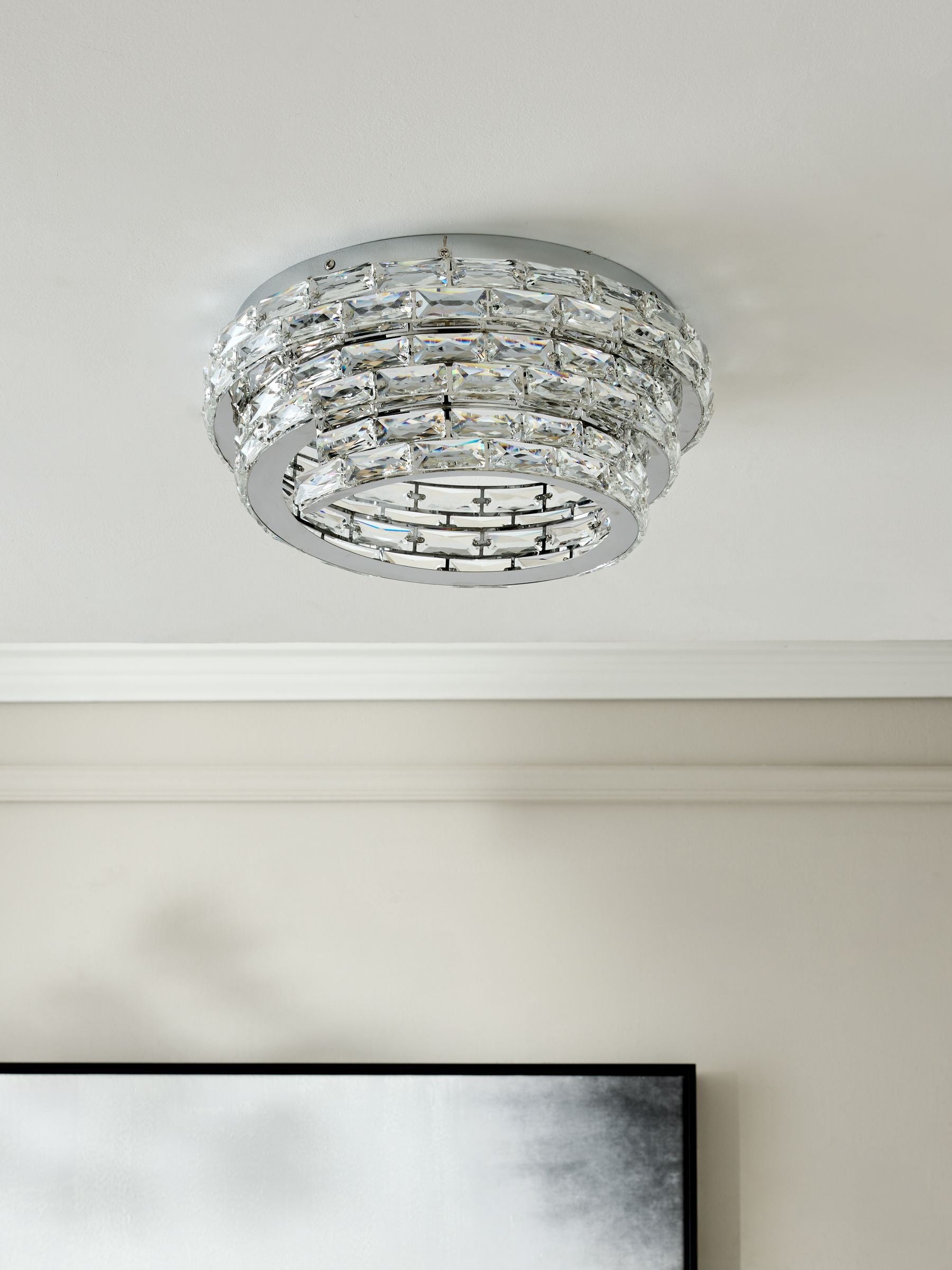 Chrome Monaco flush fitting ceiling light with crystals, UK version