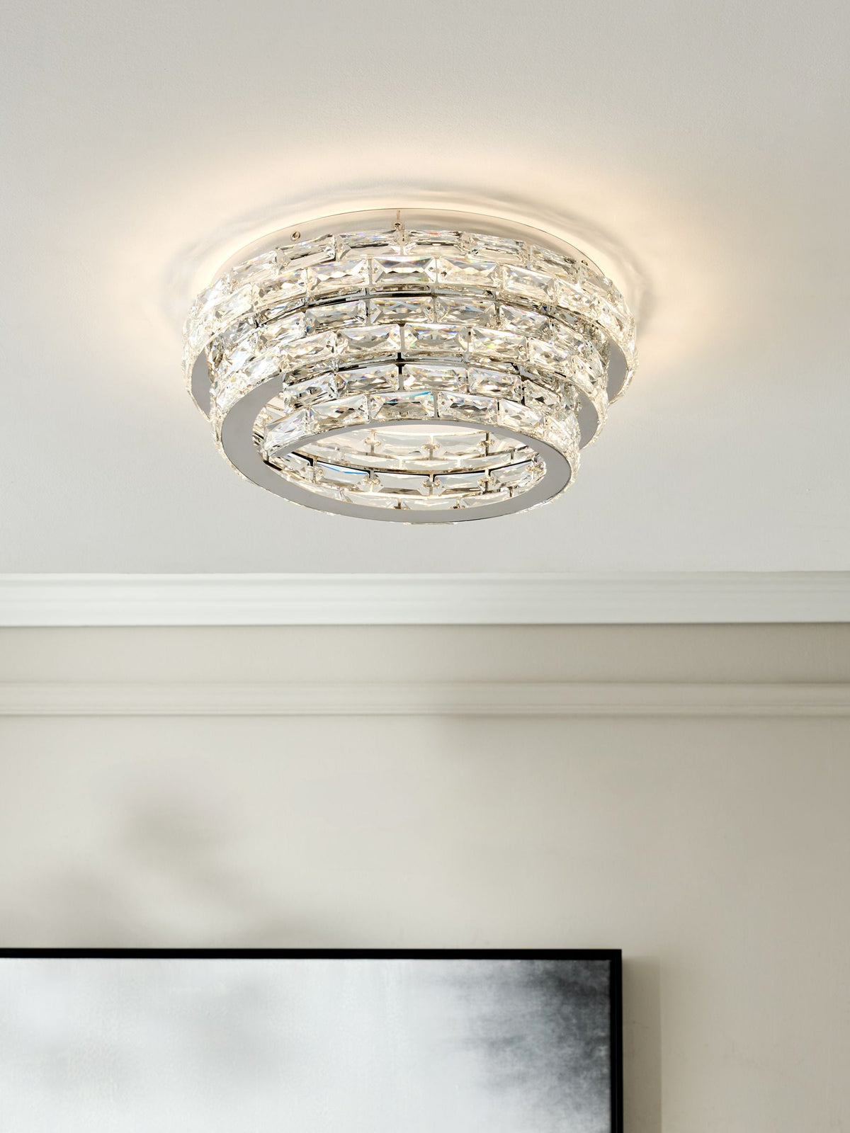 Chrome Monaco flush fitting ceiling light with crystals, UK version