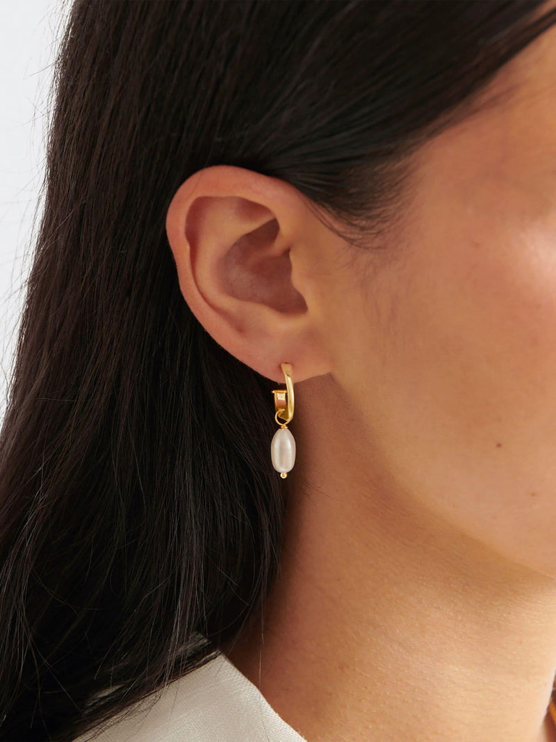 Waterproof Gold Tone Pearl Hoop Earrings