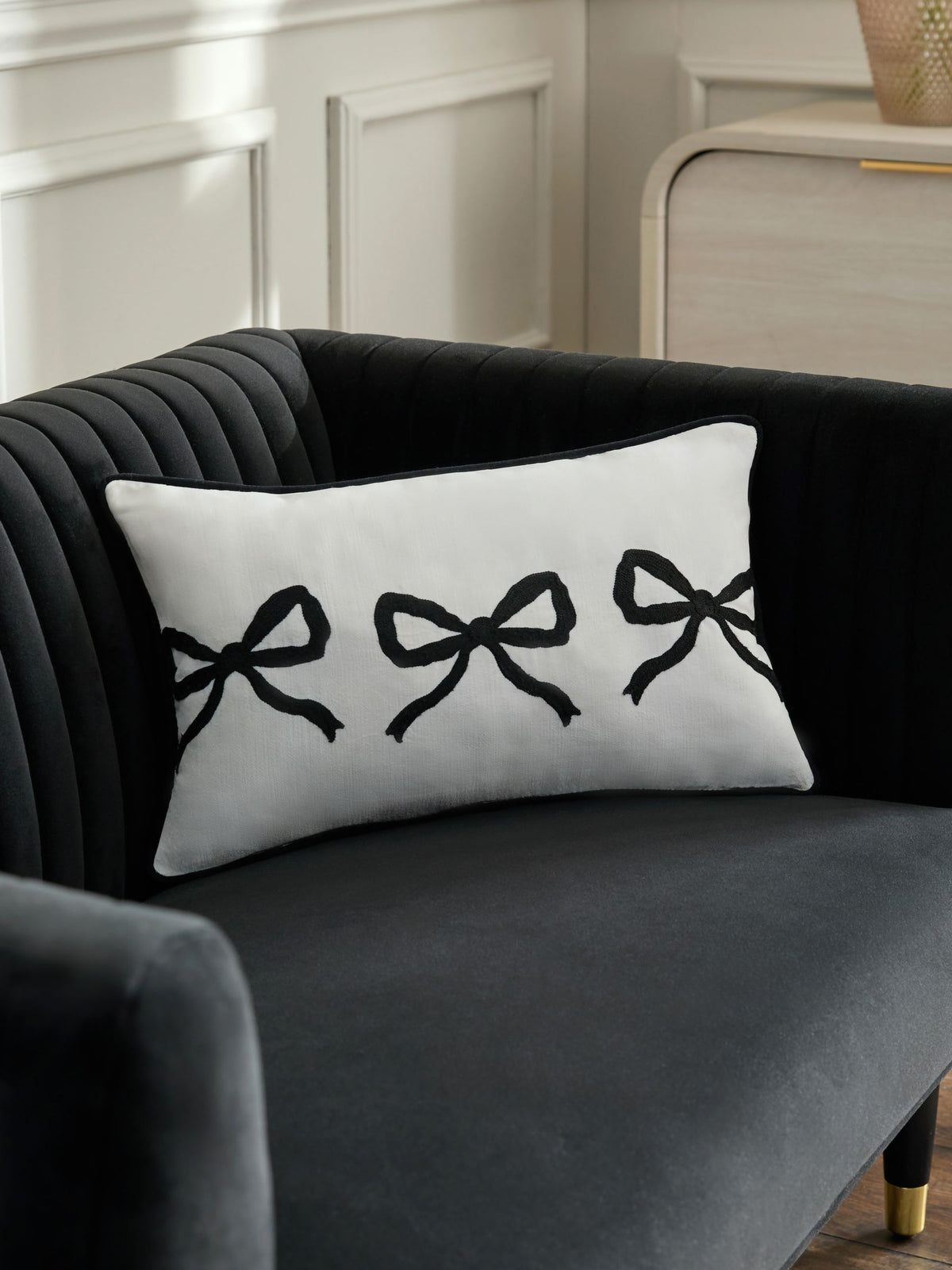 Embroidered bow cushion black white 50x30cm, imported from the UK