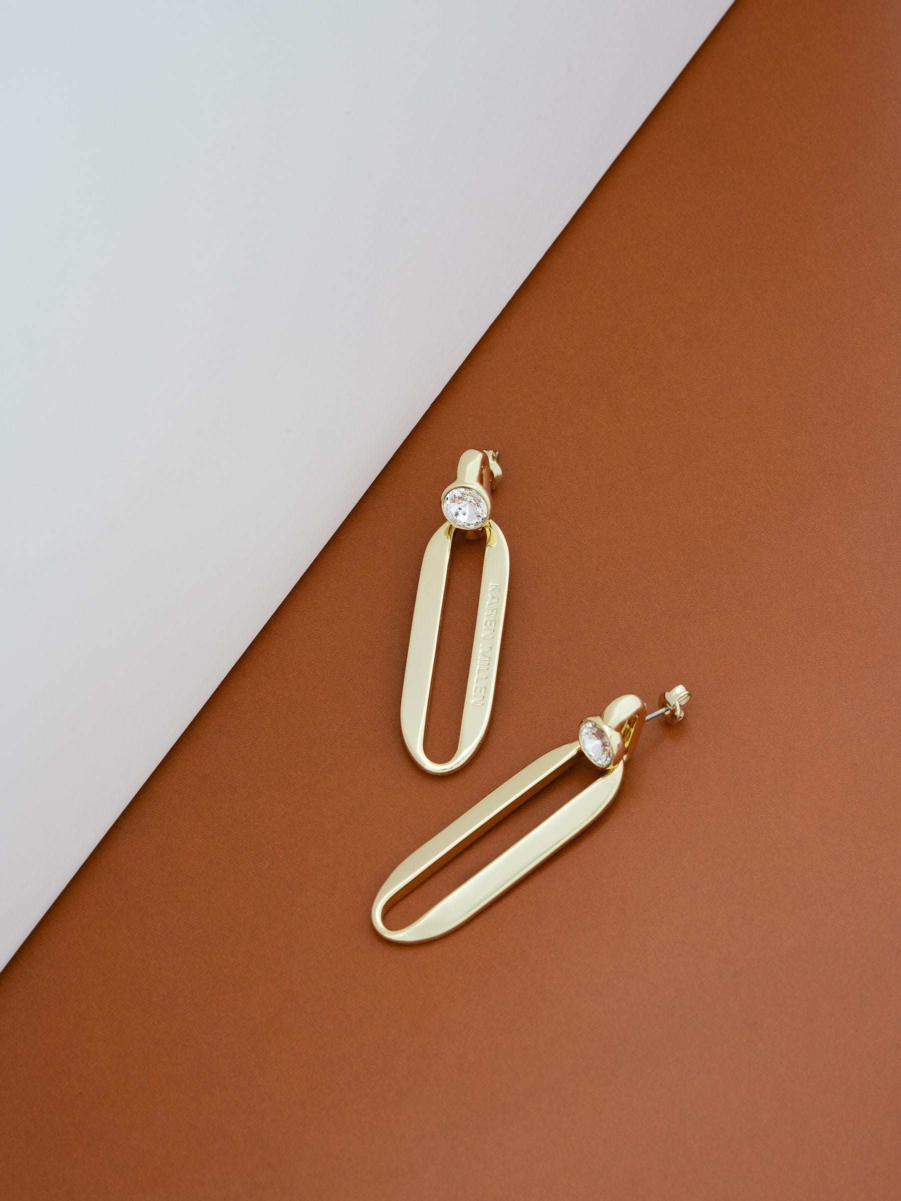 Karen Millen gold crystal drop earrings ellipse design, imported from the UK