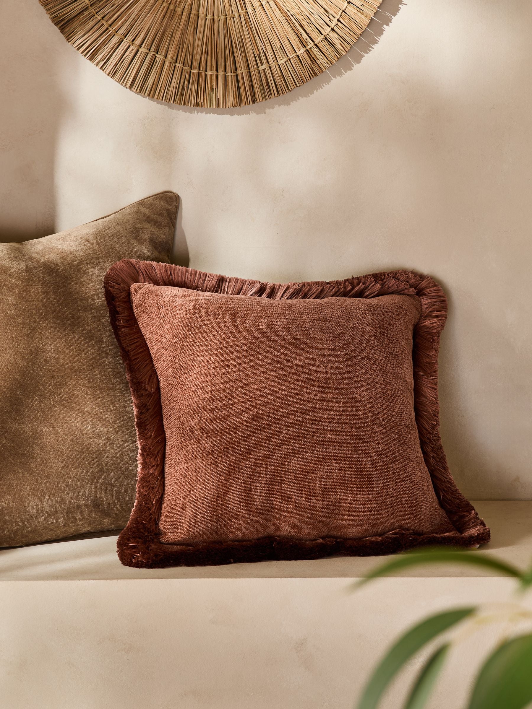 Mid Natural Chunky Fringe Velvet Chenille Cushion 50x50cm