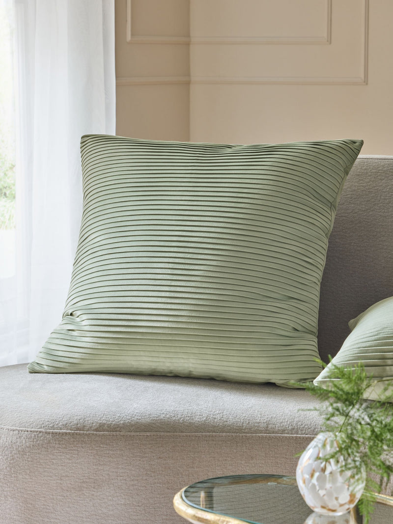 Sage green velvet pleat cushion 59cm (British brand)