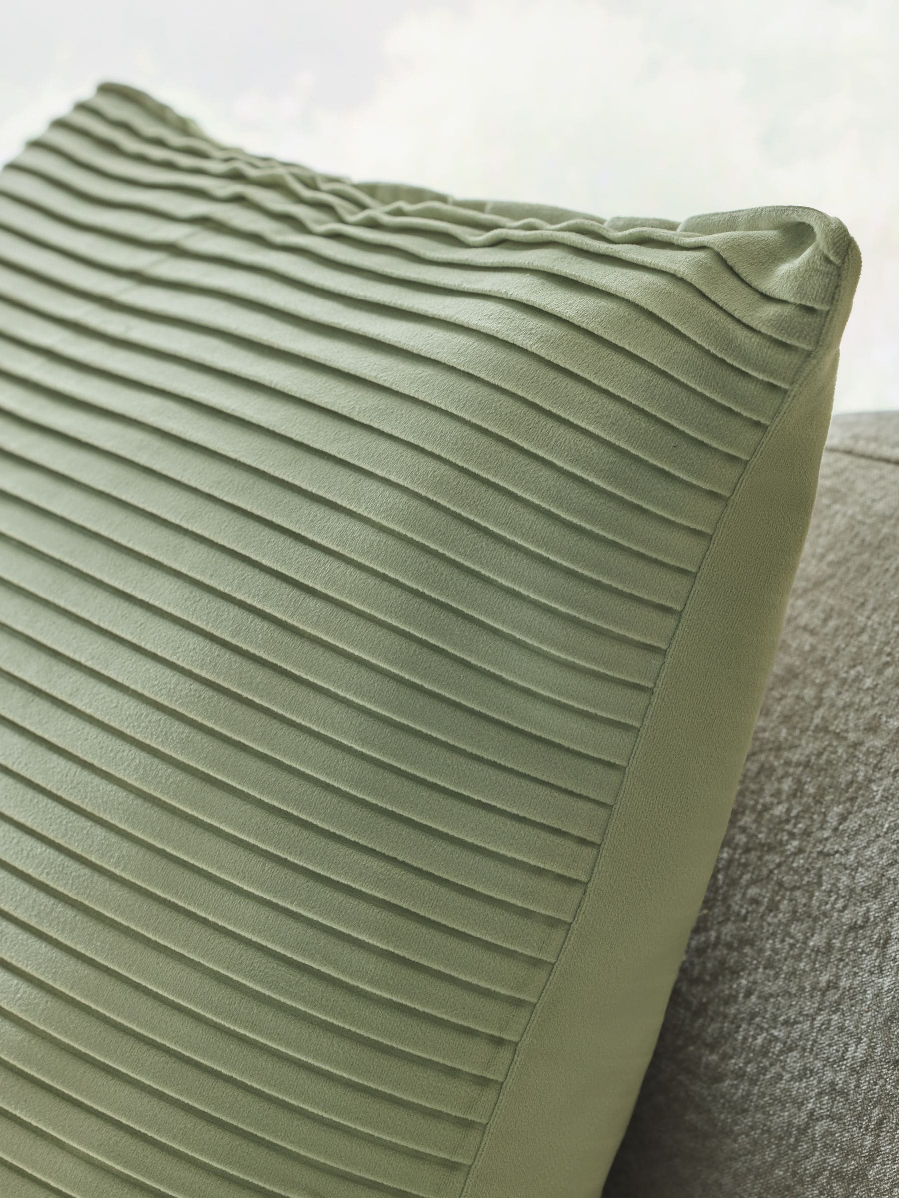 Sage green velvet pleat cushion 59cm (British brand)