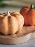 Orange pumpkin salt and pepper shakers with wooden tray 16cm high, imported from the UK