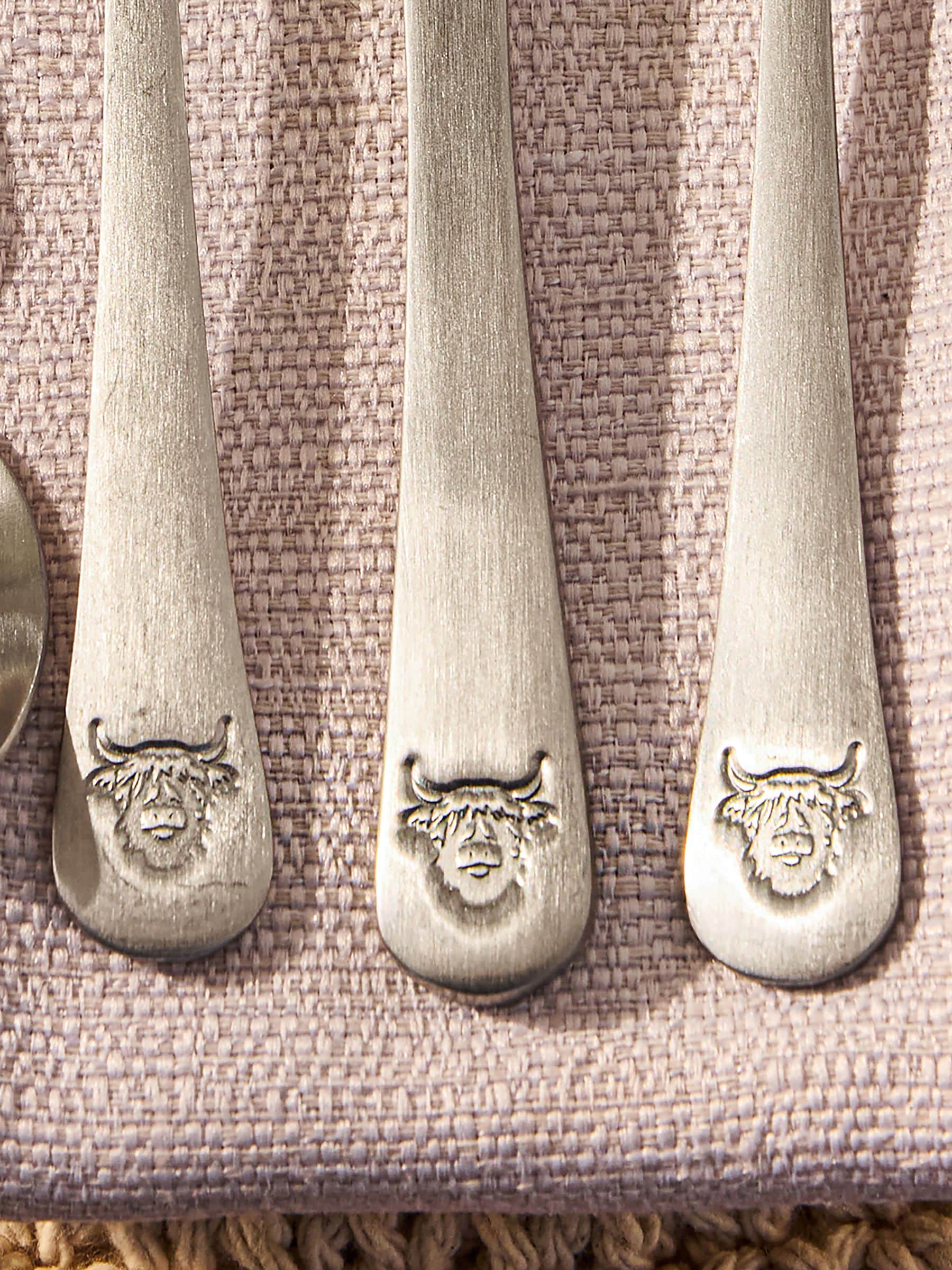 16-Piece Brushed Silver Cutlery Set Featuring Highland Cow Design, UK version