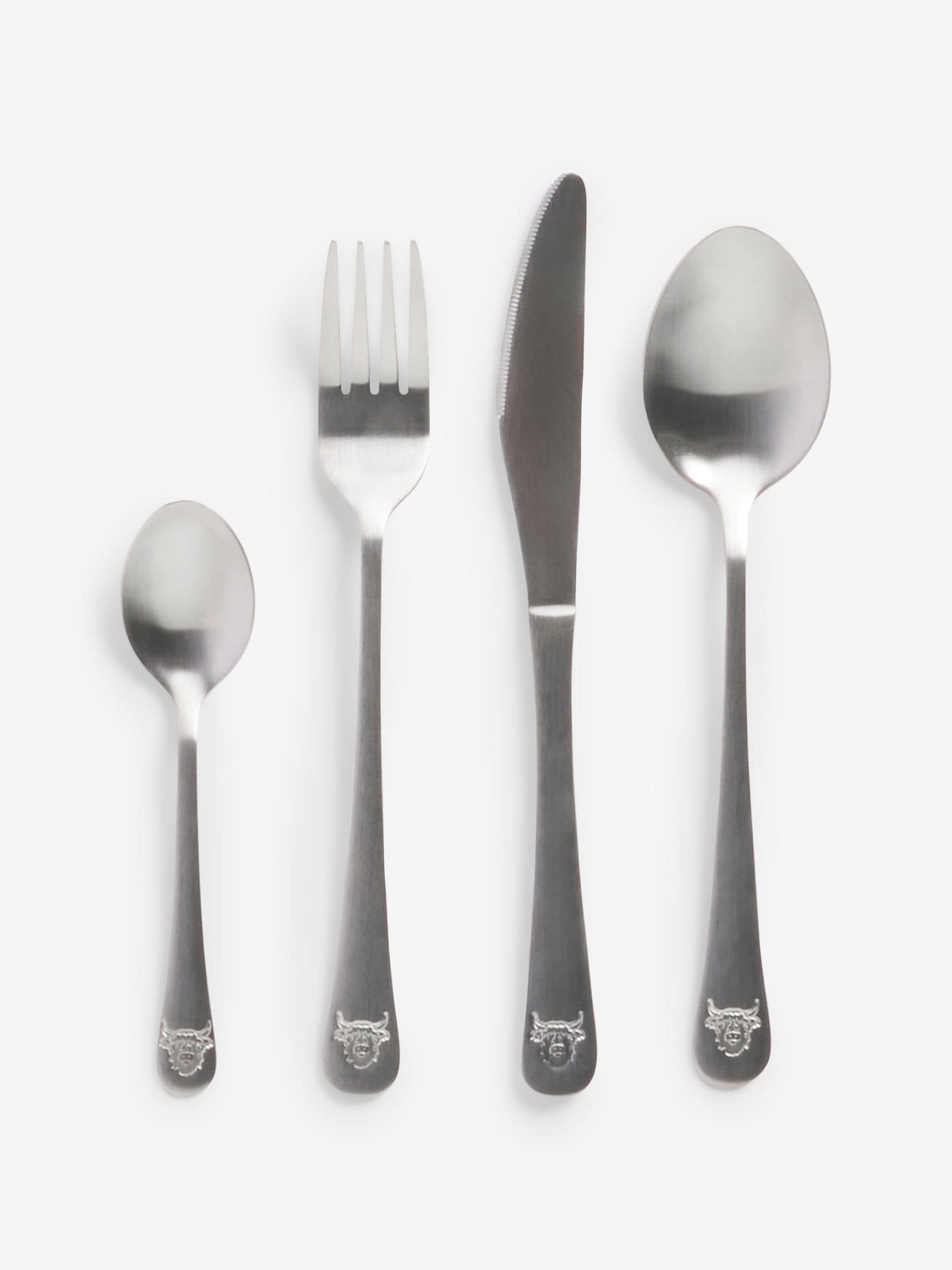 16-Piece Brushed Silver Cutlery Set Featuring Highland Cow Design, UK version
