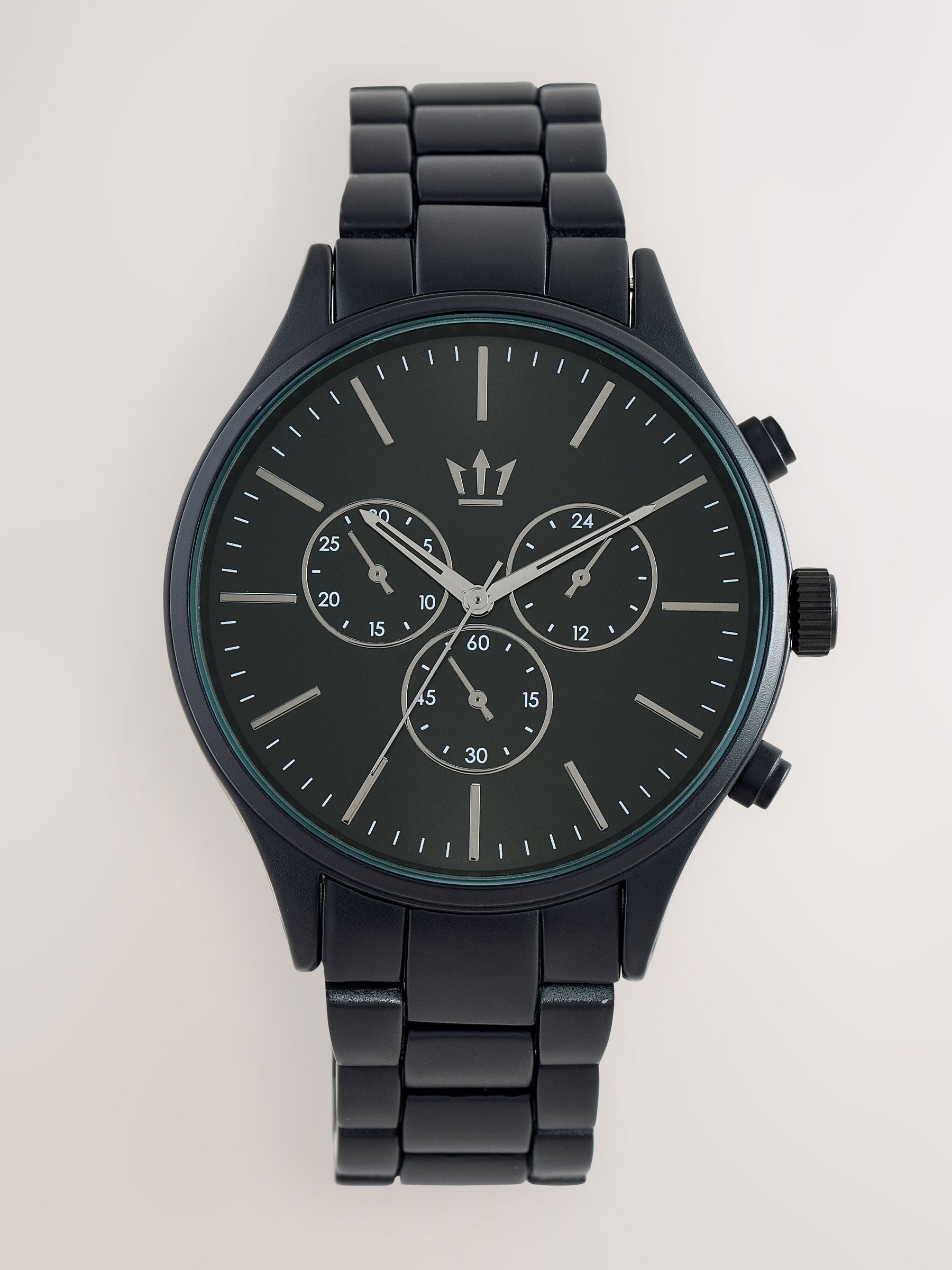 Silver tone watch with mock sub-dials and diamante, imported from the UK