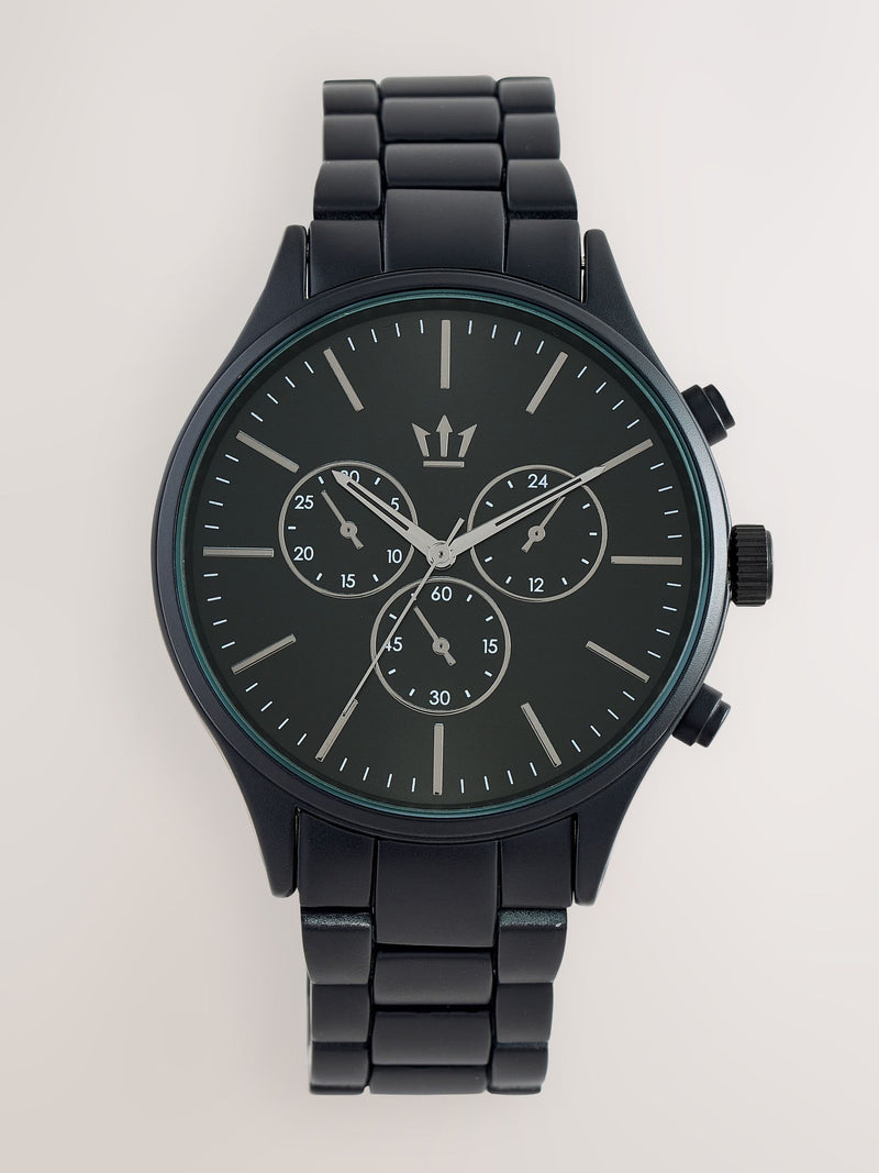 Silver tone watch with mock sub-dials and diamante, imported from the UK