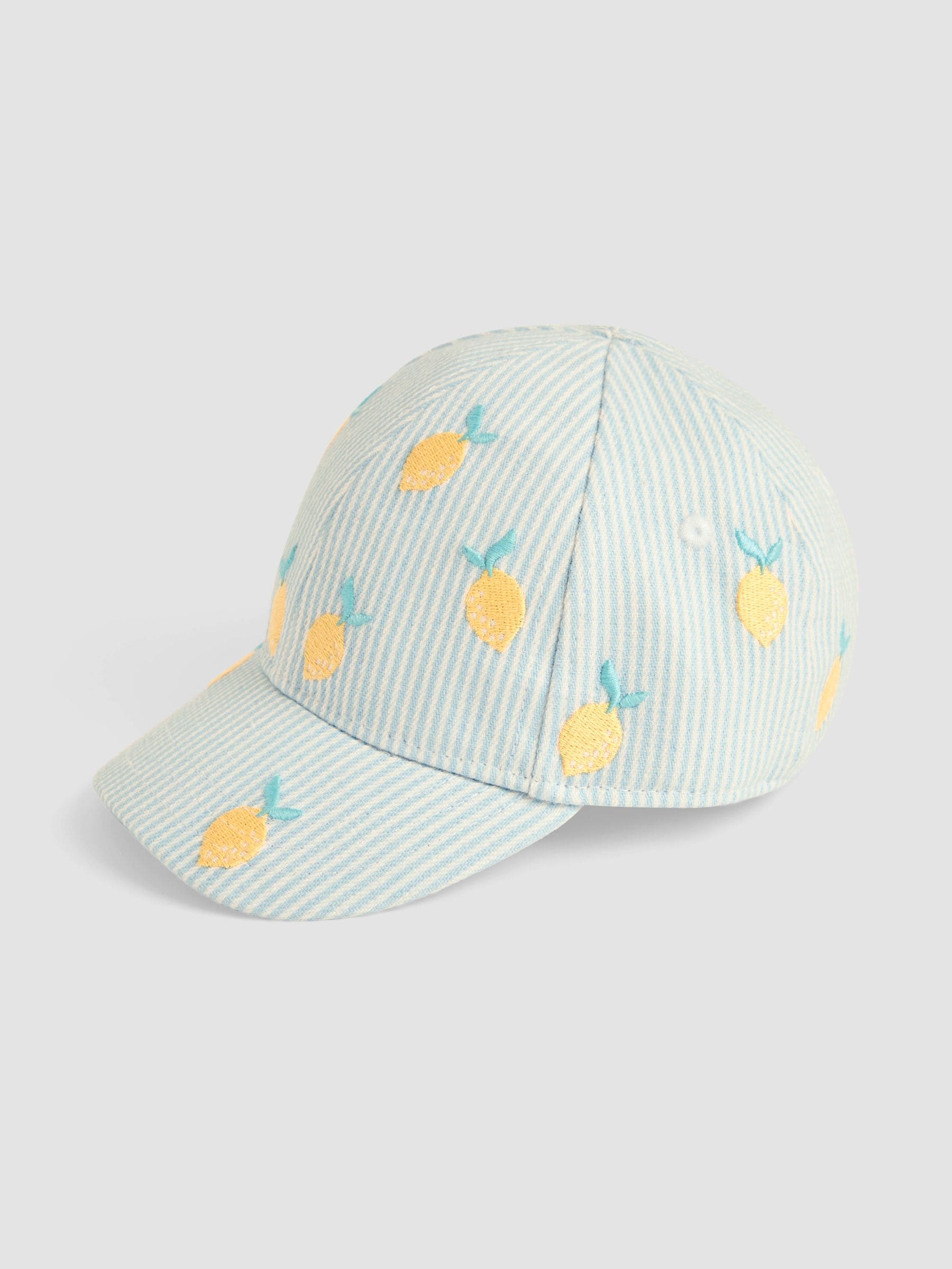JoJo Maman Bébé blue embroidered lemon cap, UK version
