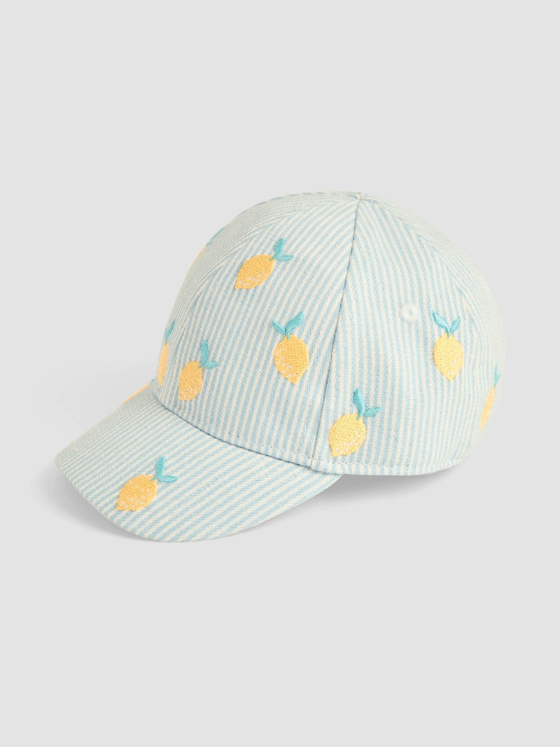 JoJo Maman Bébé blue embroidered lemon cap, UK version