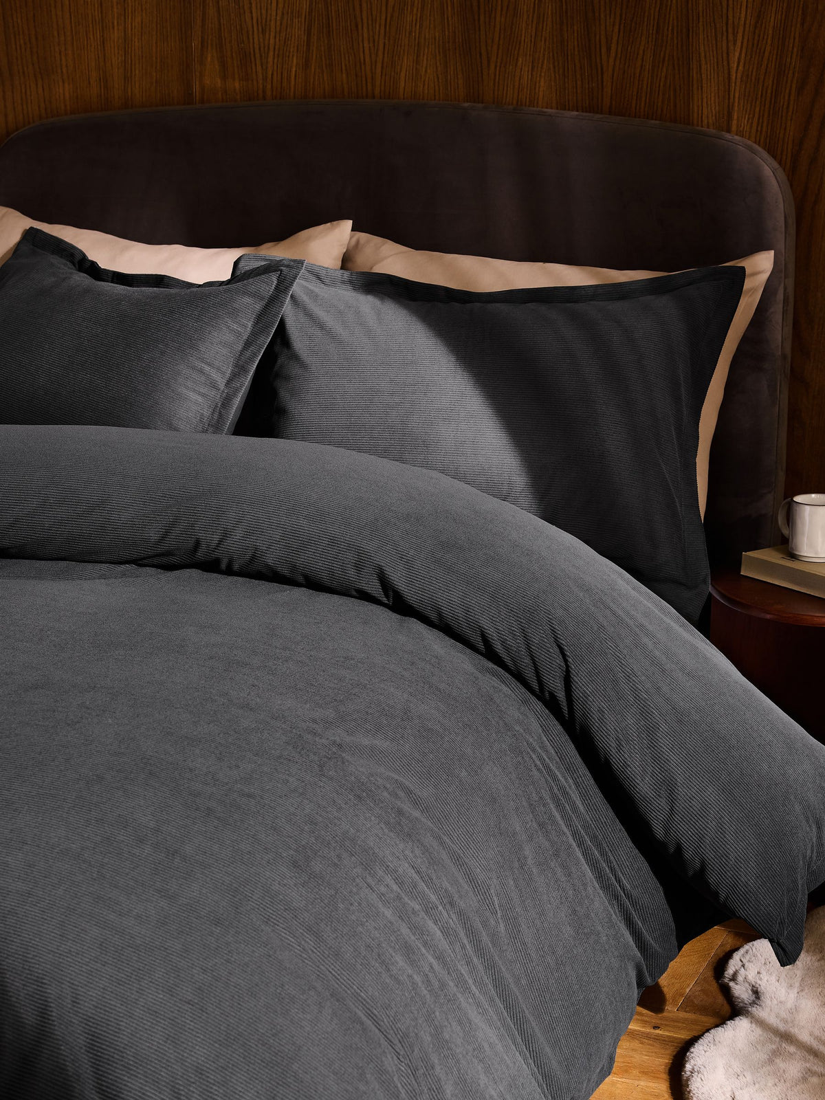 Grey charcoal corduroy duvet cover and pillowcase set, UK version