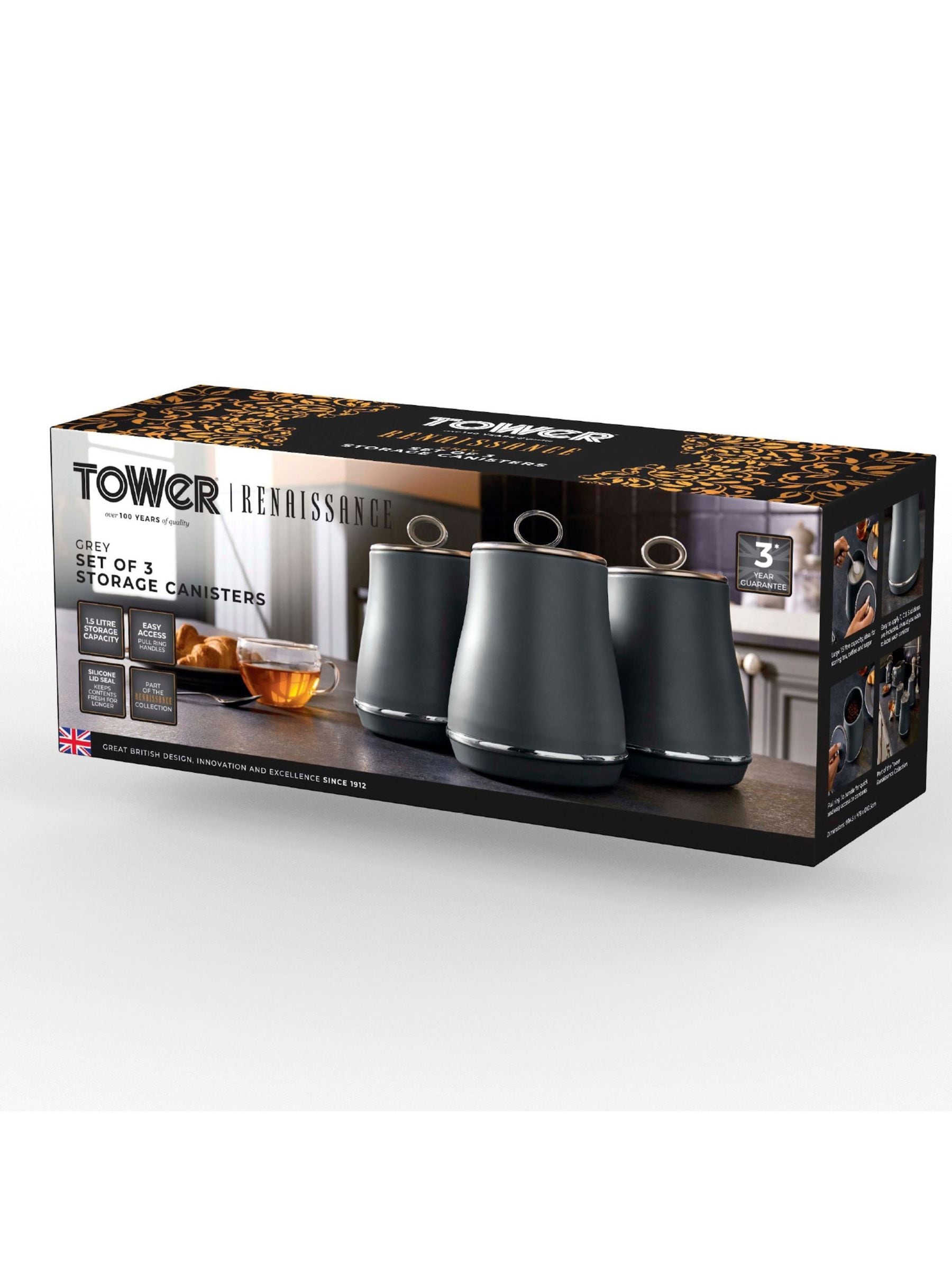 Tower grey storage canisters set of 3 (British brand)