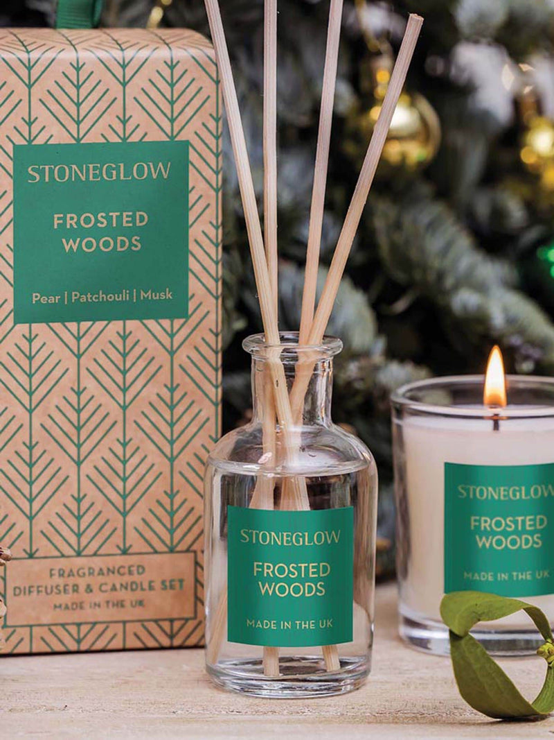 Stoneglow Frosted Woods mini gift set diffuser and candle (British brand)
