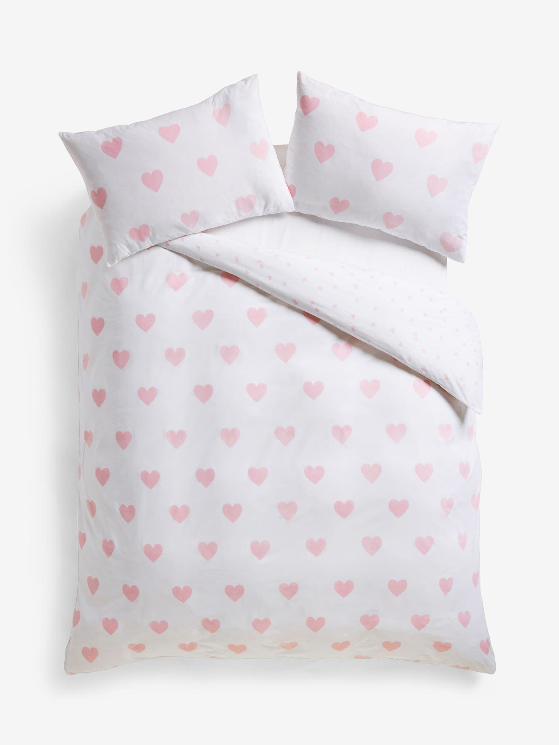 White Pink Heart reversible duvet cover and pillowcase set (British brand)