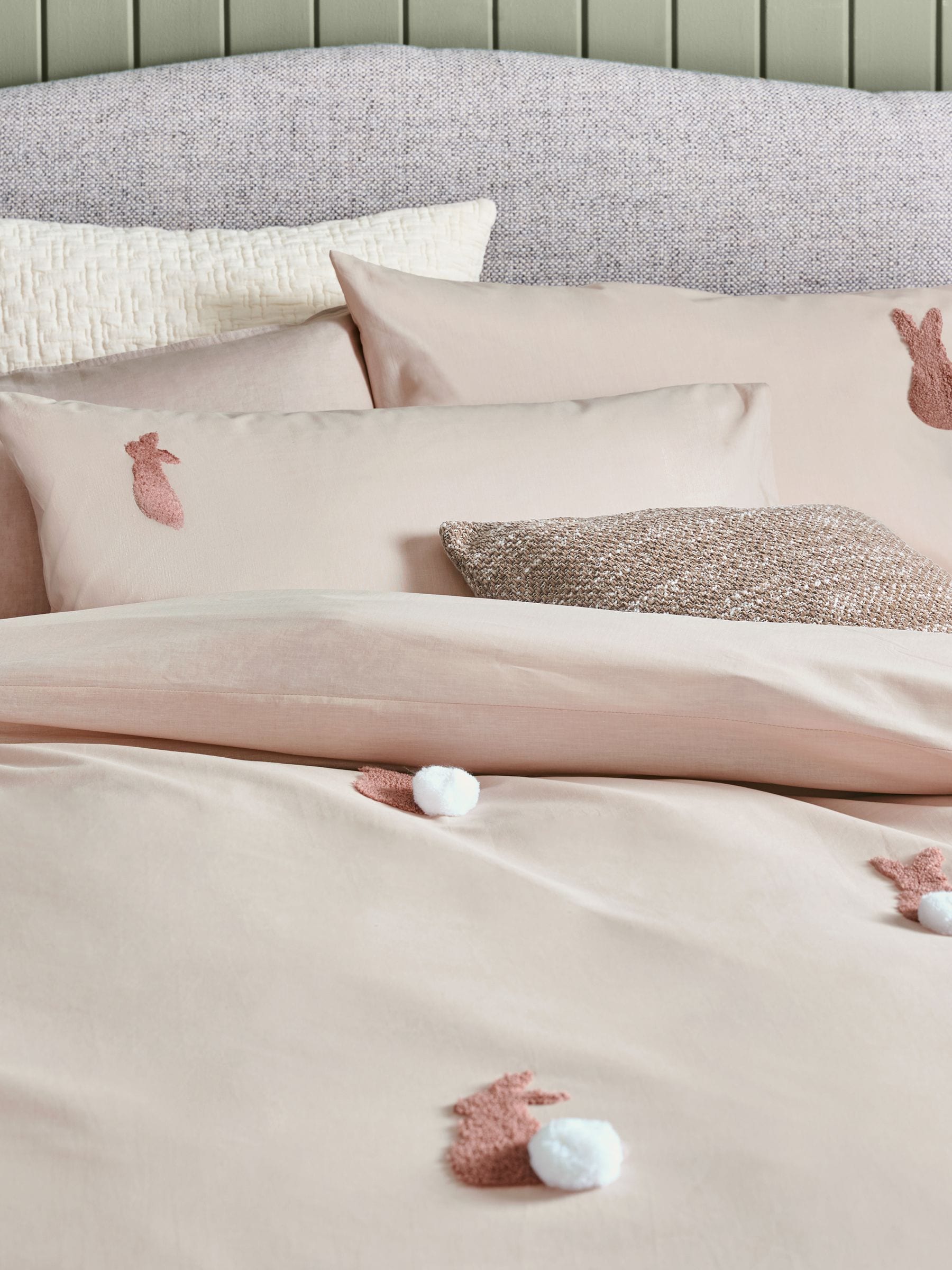 Natural Bunny tufted pom duvet cover and pillowcase set, imported from the UK