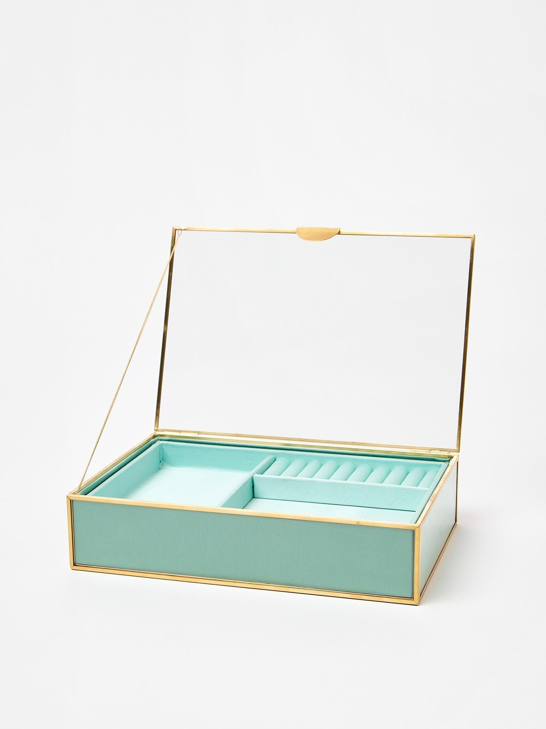 Oliver Bonas glass jewellery box with blue satin lining 25cm (British brand)
