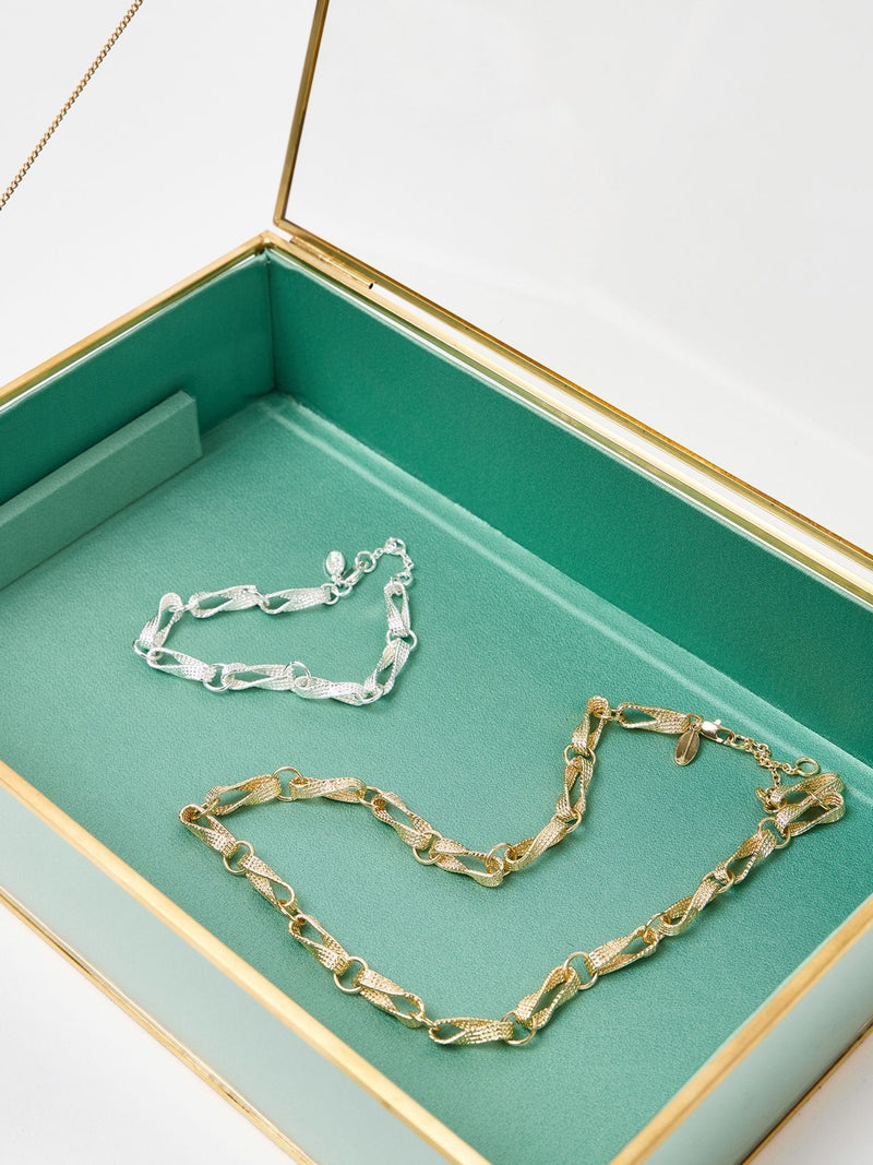 Oliver Bonas glass jewellery box with blue satin lining 25cm (British brand)