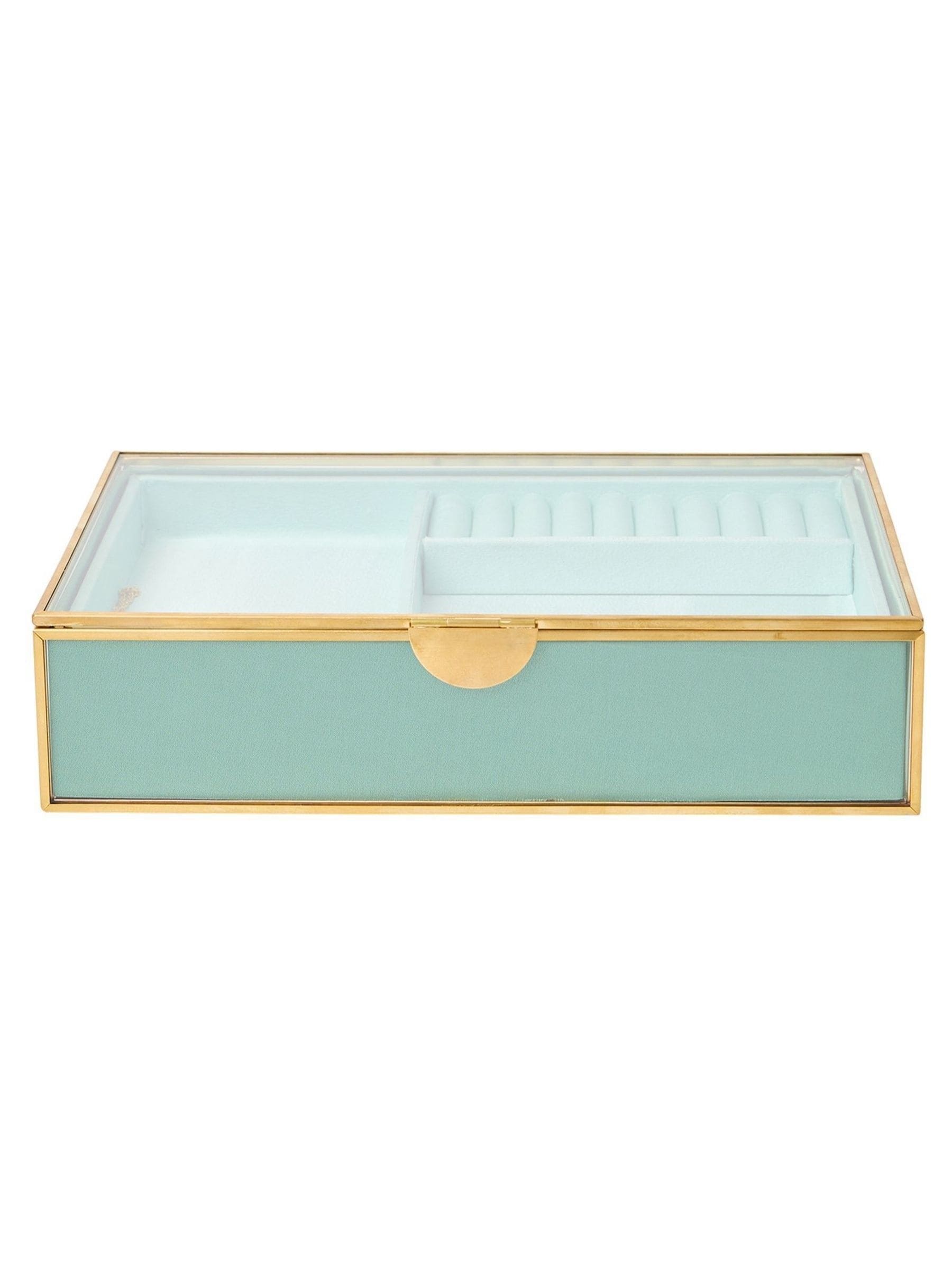 Oliver Bonas glass jewellery box with blue satin lining 25cm (British brand)