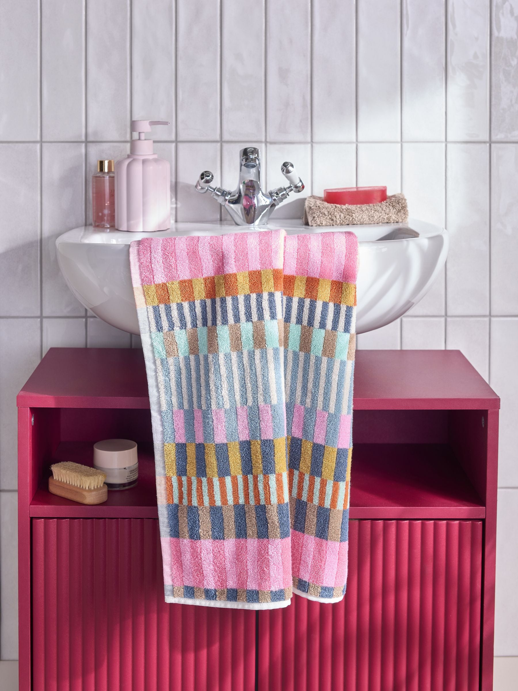 Multi stripe cotton towel set with hand towel and bath sheet, imported from the UK