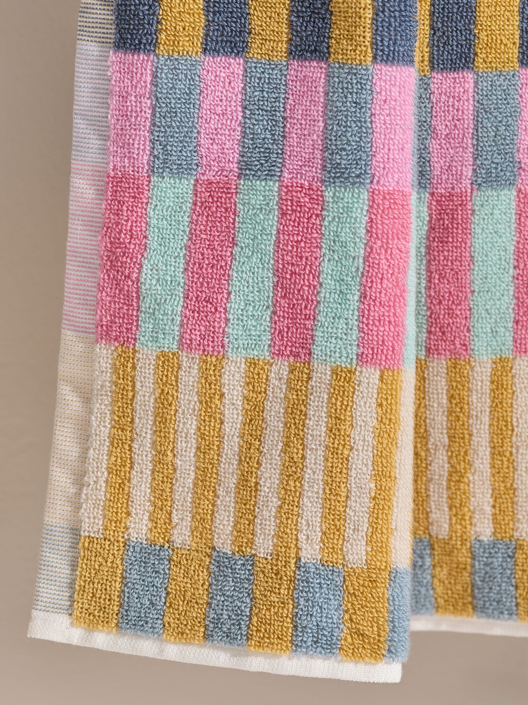 Multi stripe cotton towel set with hand towel and bath sheet, imported from the UK