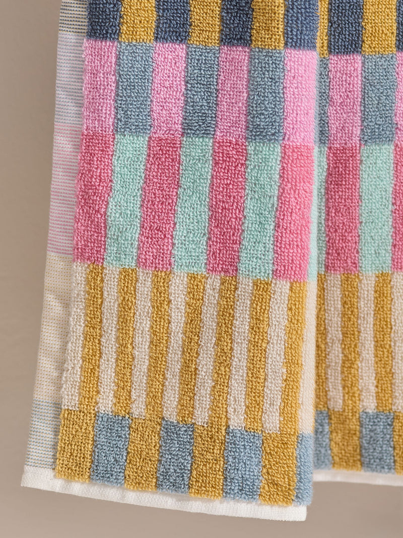 Multi stripe cotton towel set with hand towel and bath sheet, imported from the UK