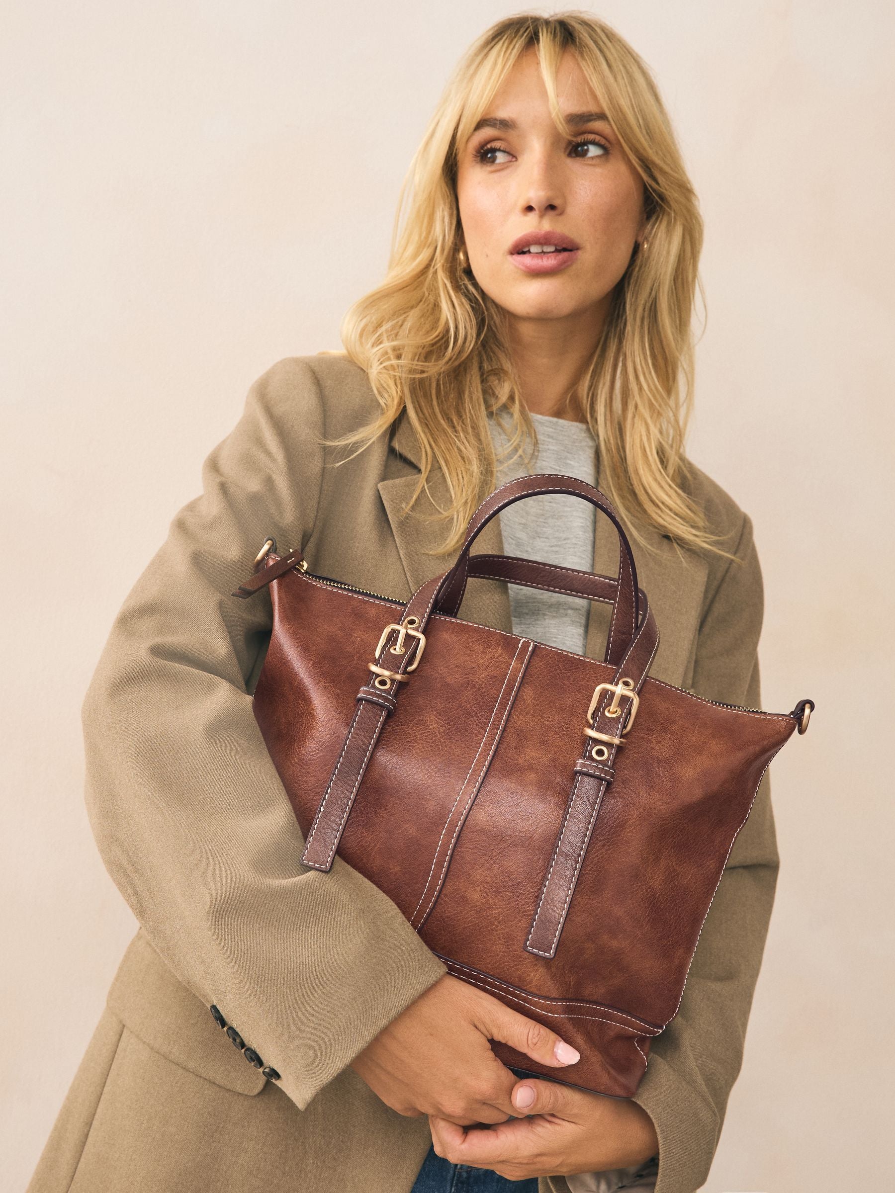 Tan Brown Buckle Hand Held Bag, imported from the UK