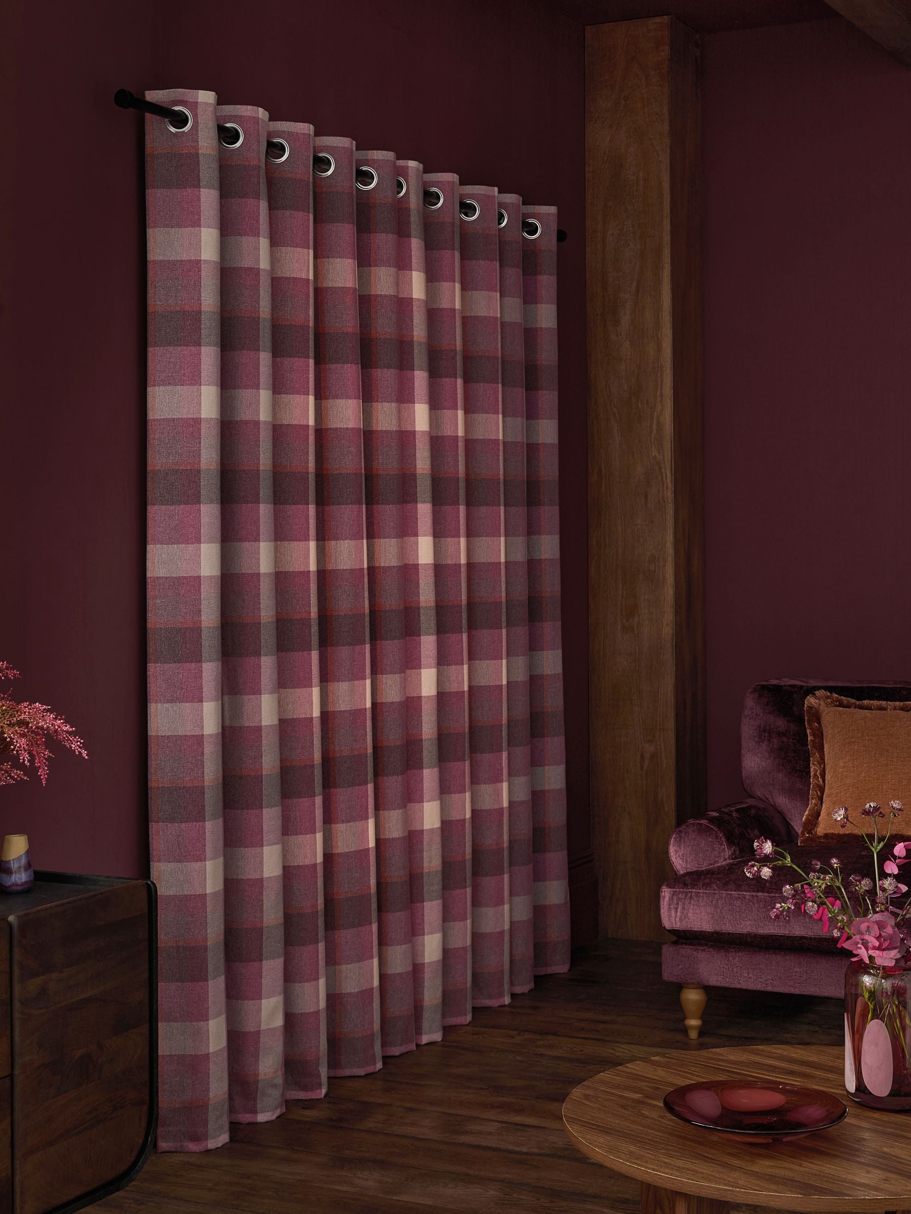 Berry Pink brushed check eyelet lined curtains, UK version