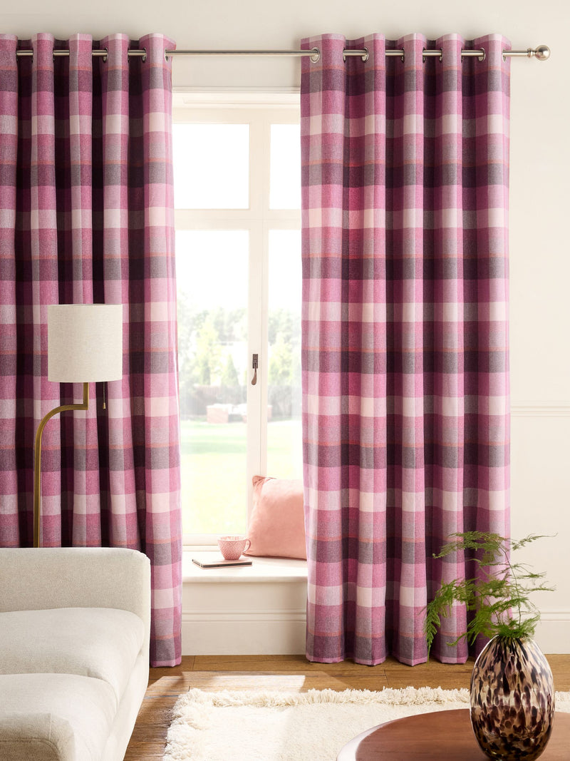 Berry Pink brushed check eyelet lined curtains, UK version