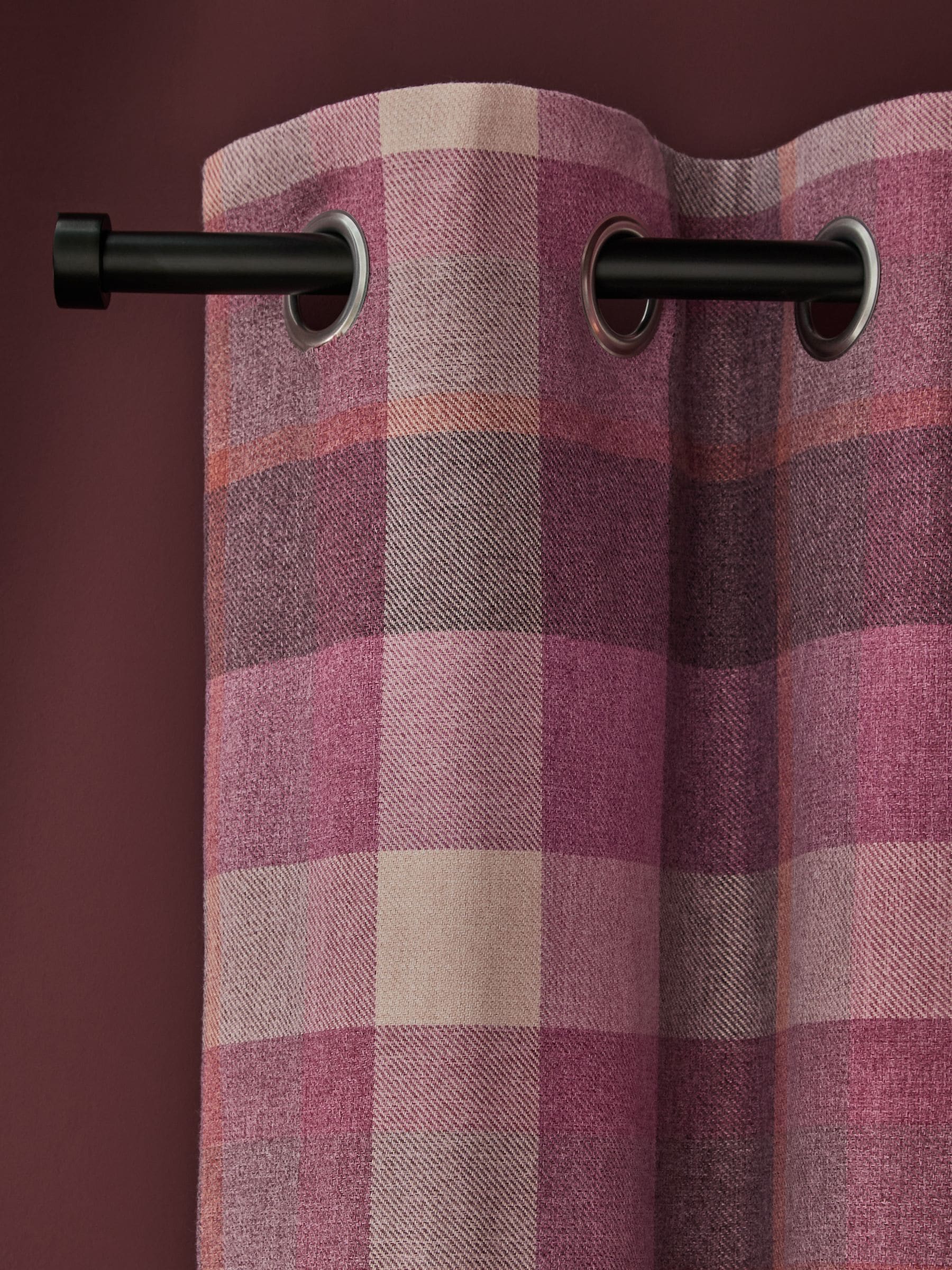 Berry Pink brushed check eyelet lined curtains, UK version
