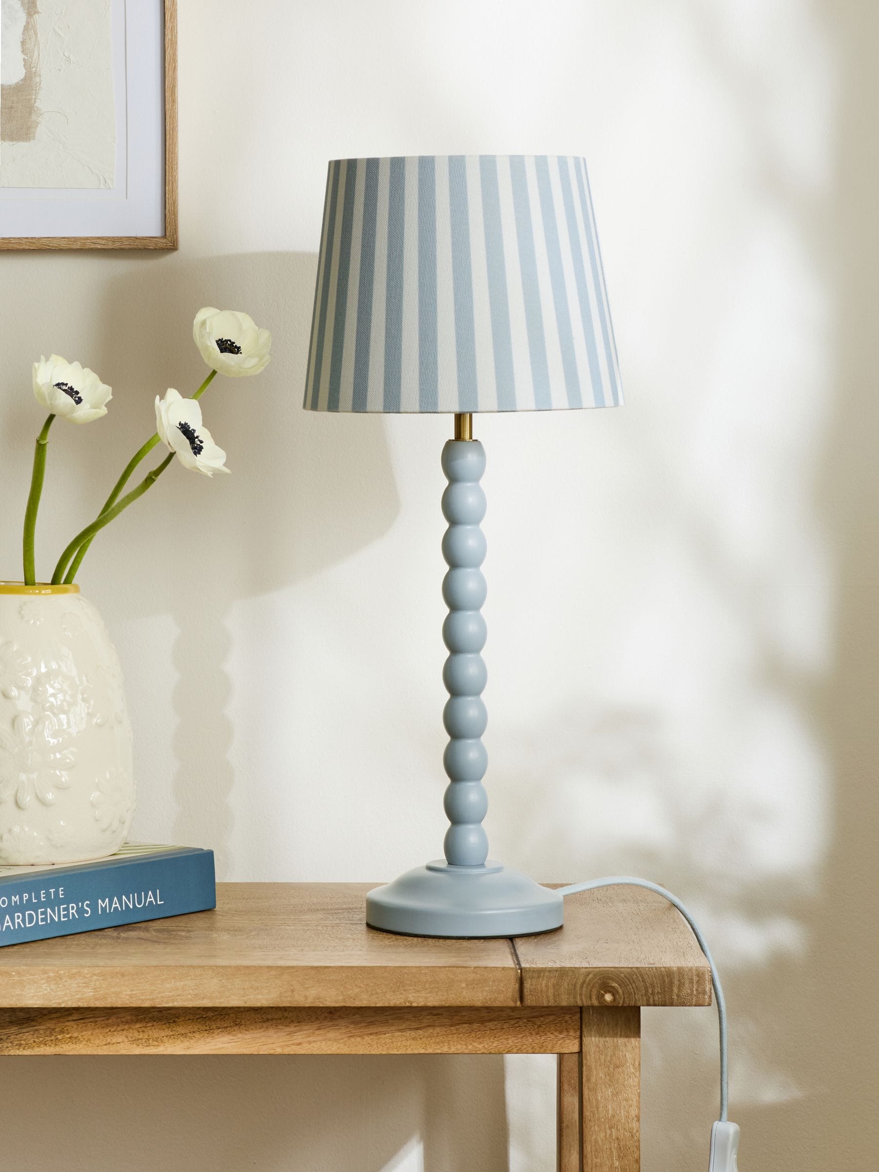 Blue Stripe Millie table lamp with beaded wood stem, imported from the UK