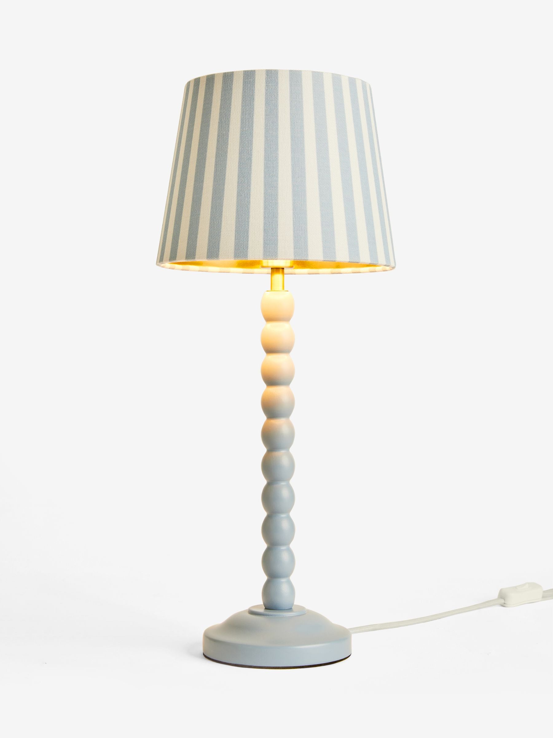 Blue Stripe Millie table lamp with beaded wood stem, imported from the UK